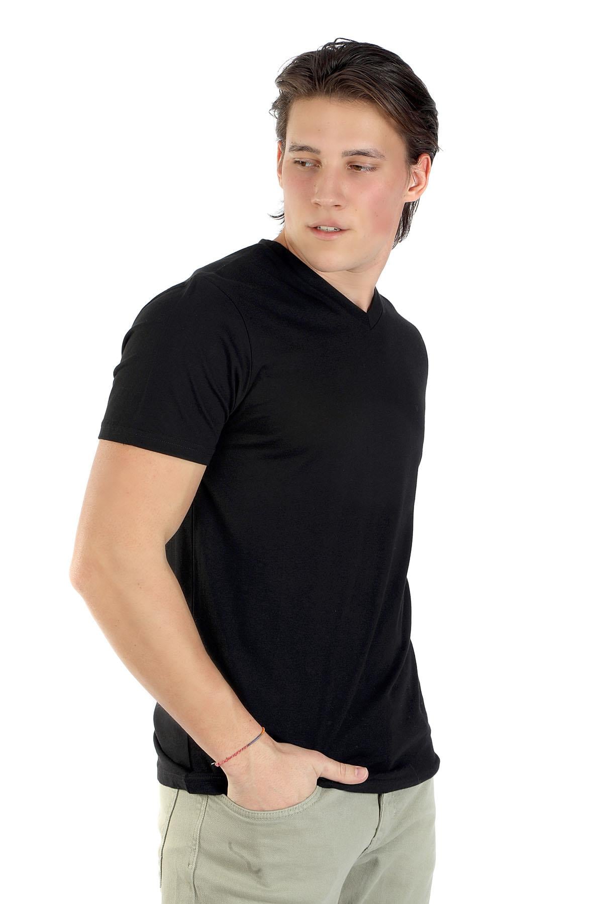 Jonat Erkek %100 Pamuk V Yaka T-Shirt Siyah