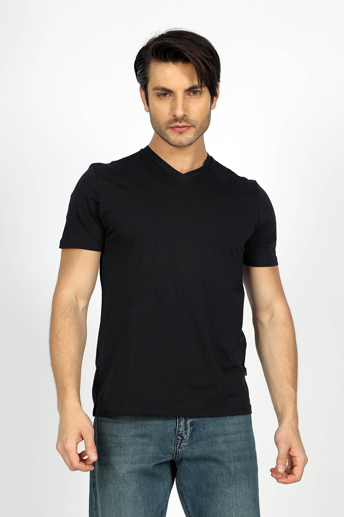 Jonat Erkek %100 Pamuk V Yaka T-Shirt Lacivert