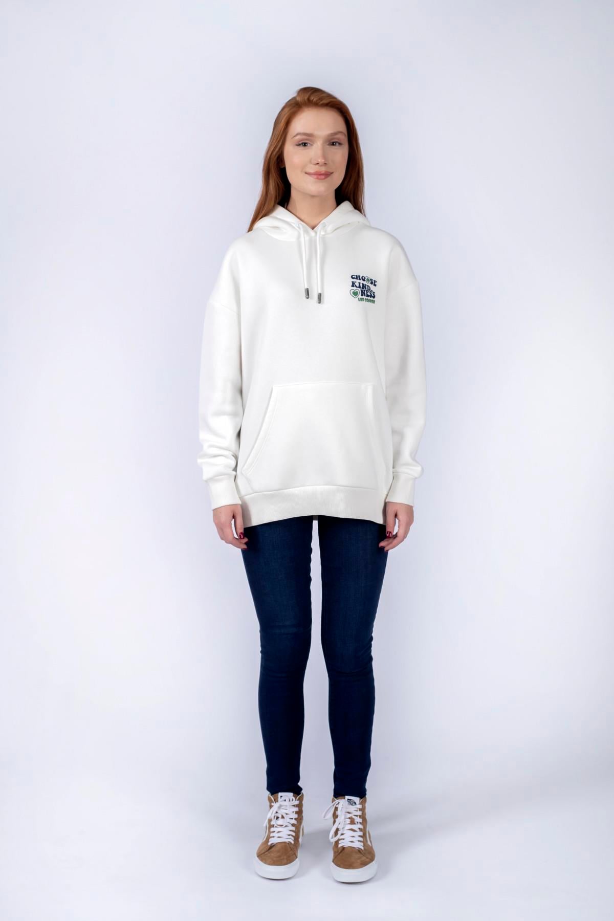 Kindy Kadın %100 Pamuk Kapüşonlu Sweatshirt Kirik Beyaz