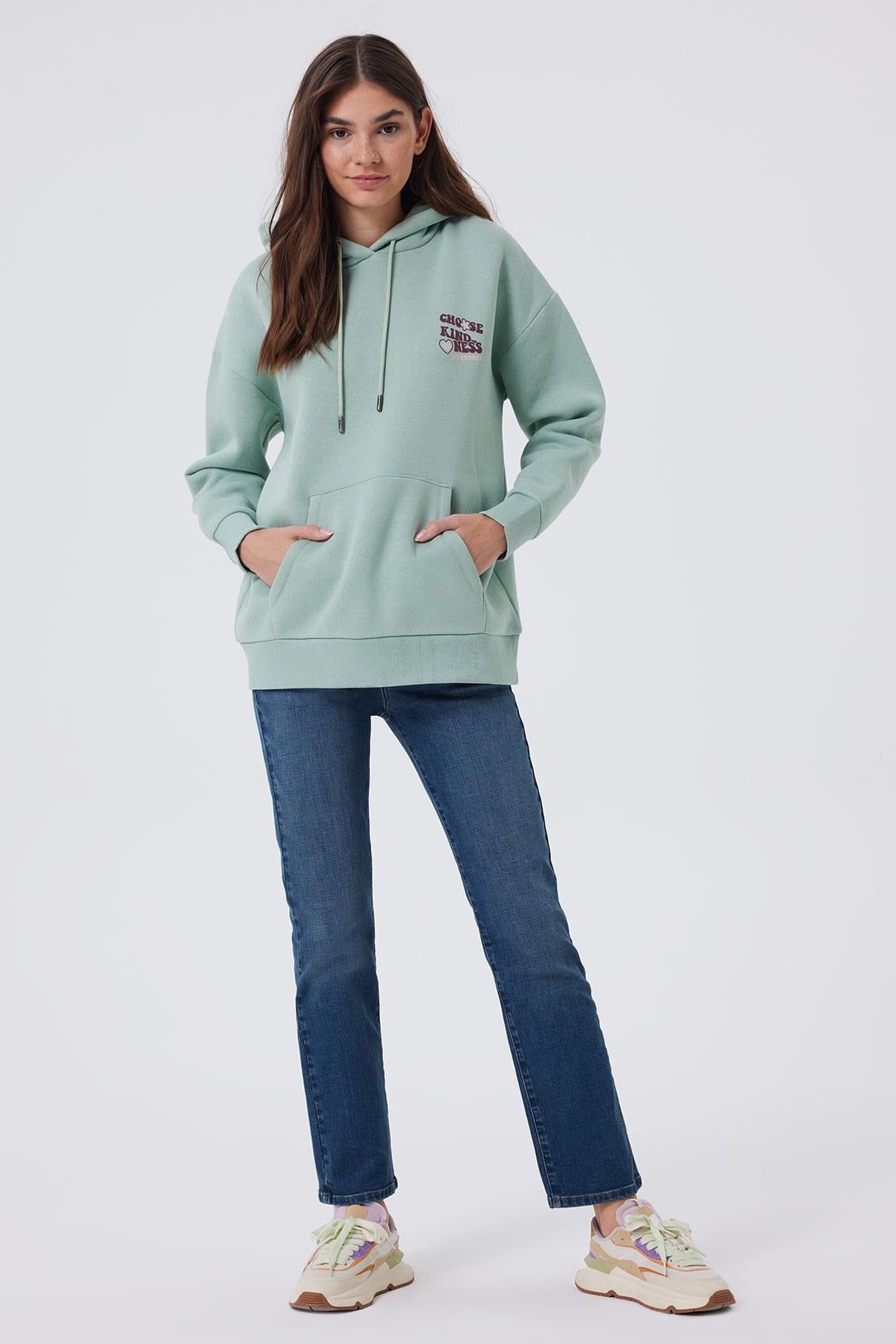 Kindy Kadın %100 Pamuk Kapüşonlu Sweatshirt Mint