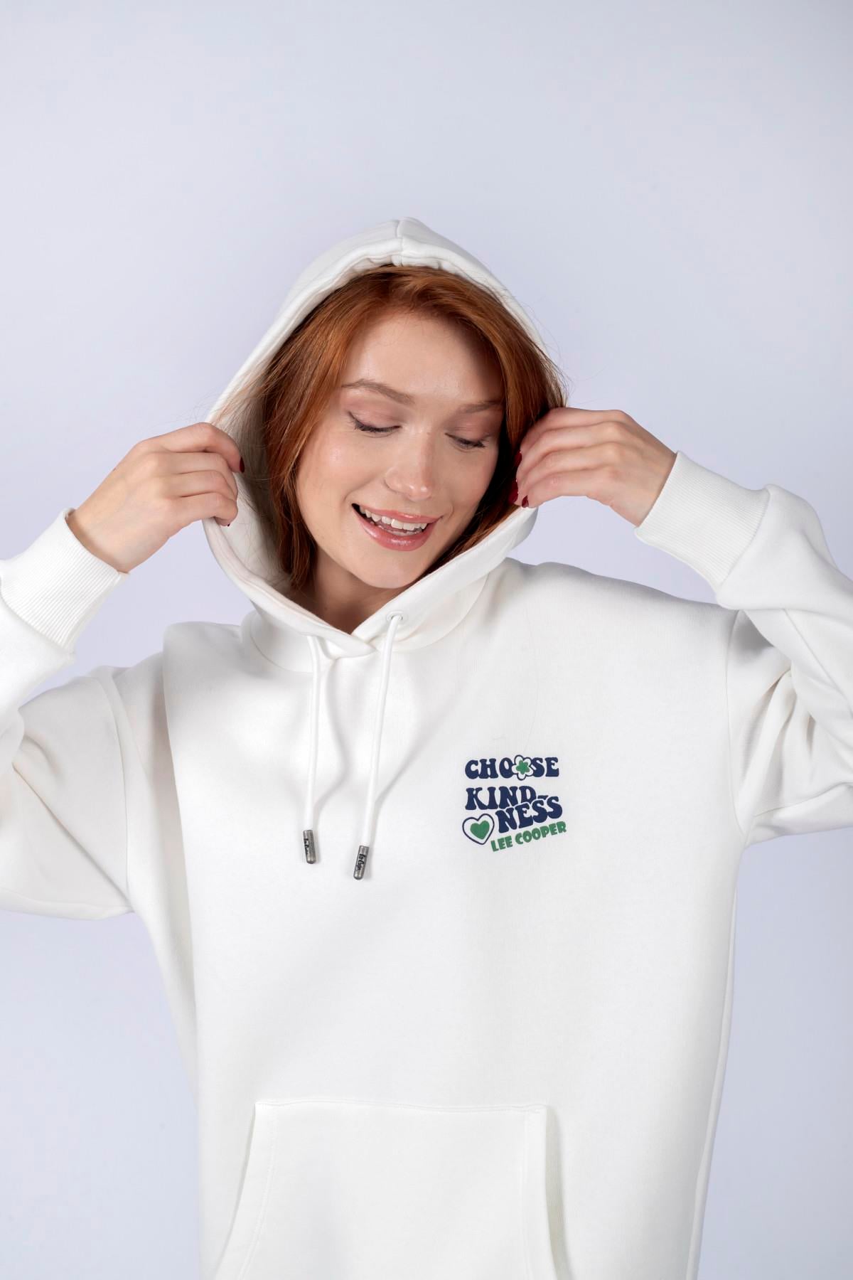 Kindy Kadın %100 Pamuk Kapüşonlu Sweatshirt Kirik Beyaz