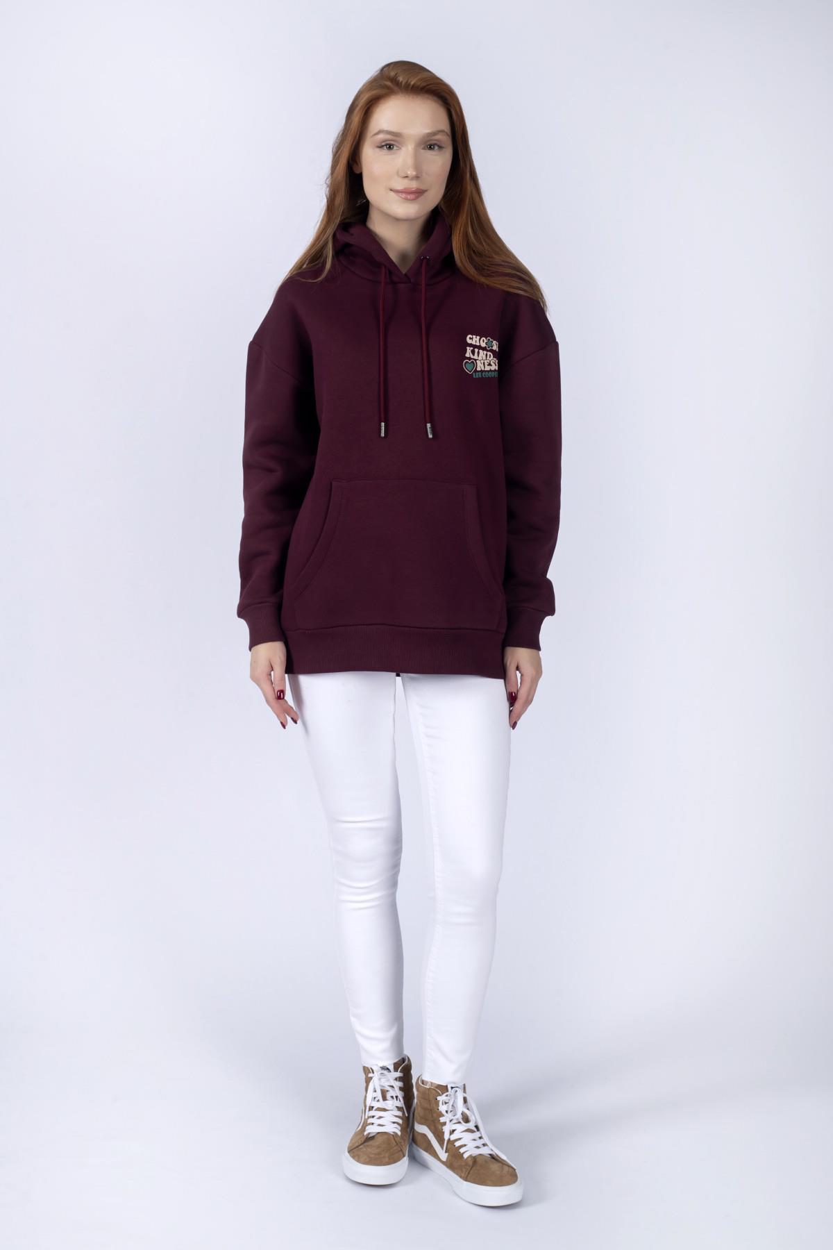 Kindy Kadın %100 Pamuk Kapüşonlu Sweatshirt Mürdüm