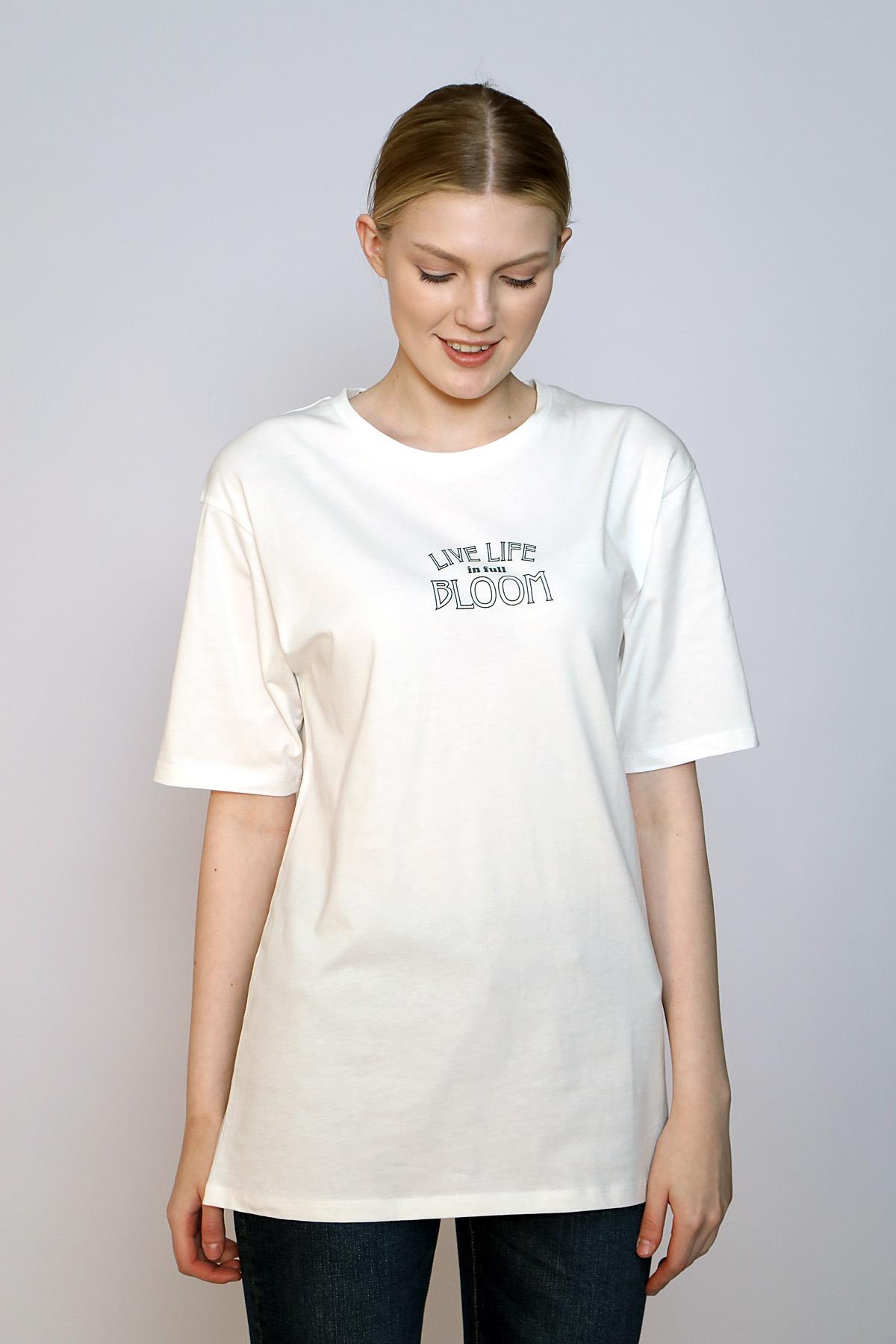 Lades Kadın %100 Pamuk O Yaka T-Shirt Ekru