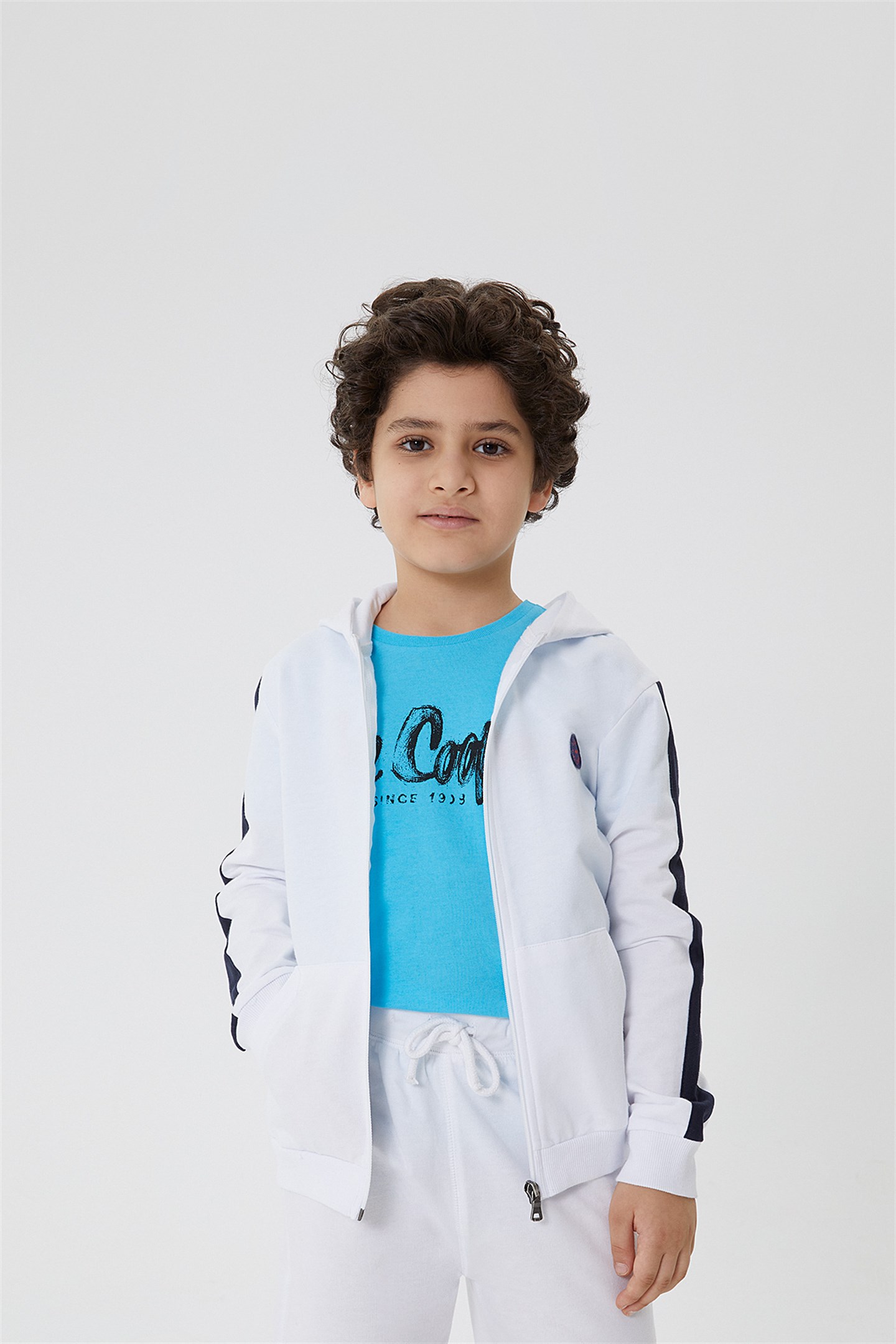 Leo Erkek Çocuk %100 Pamuk Kapüşonlu Fermuarlı Sweatshirt Beyaz