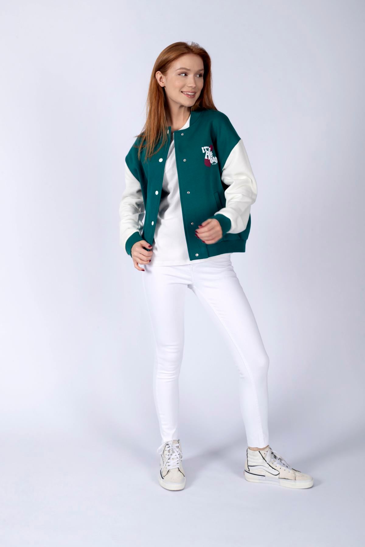 Lona Kadın %100 Pamuk Sweatshirt Zümrüt Yeşili