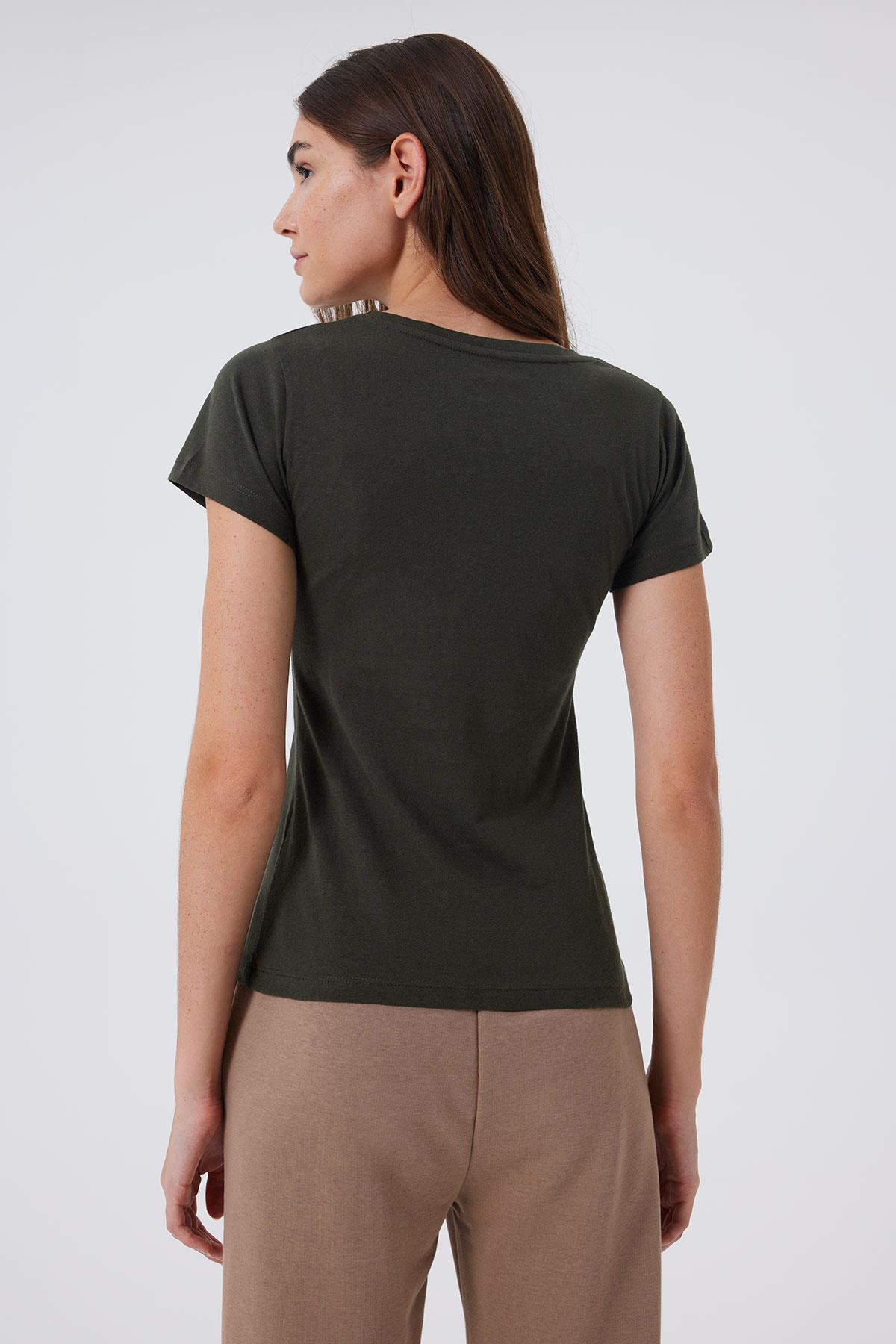 London 1 Kadın %100 Pamuk O Yaka T-Shirt Haki