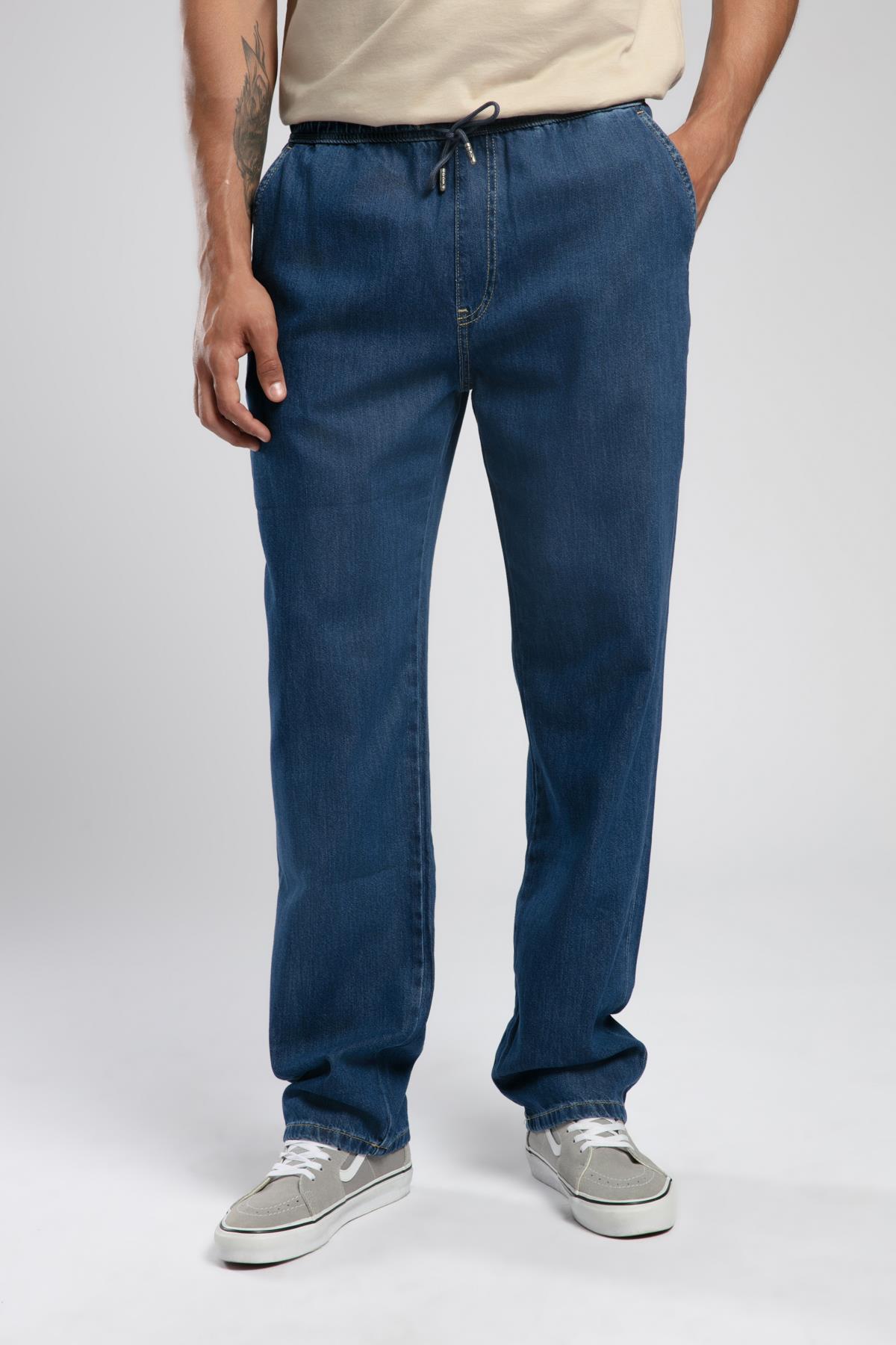 Loose Orta Bel Düz Kesim Düz Paça Mavi Erkek Jean Pantolon