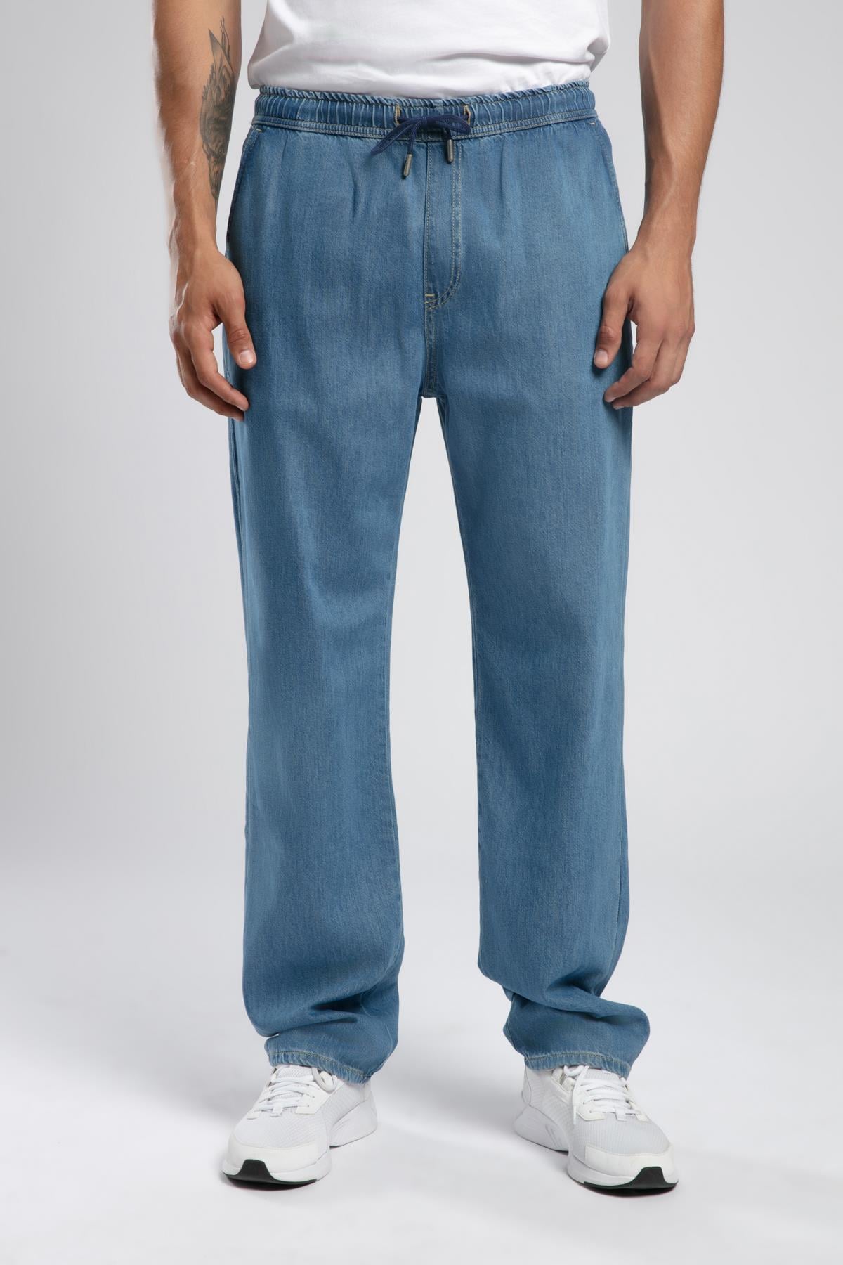 Loose Orta Bel Düz Kesim Düz Paça Mavi Erkek Jean Pantolon