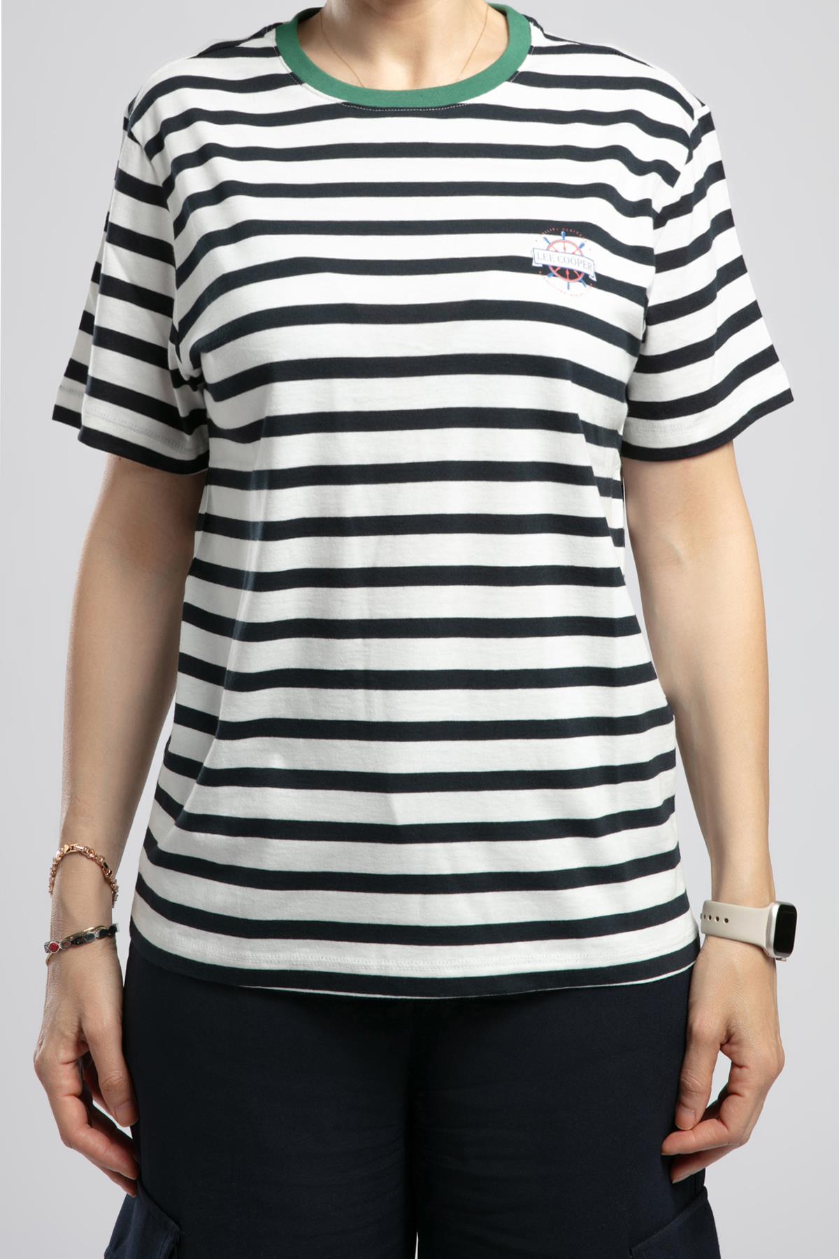 Malory Kadın %100 Pamuk O Yaka T-Shirt Ekru-Lacivert Çizgili