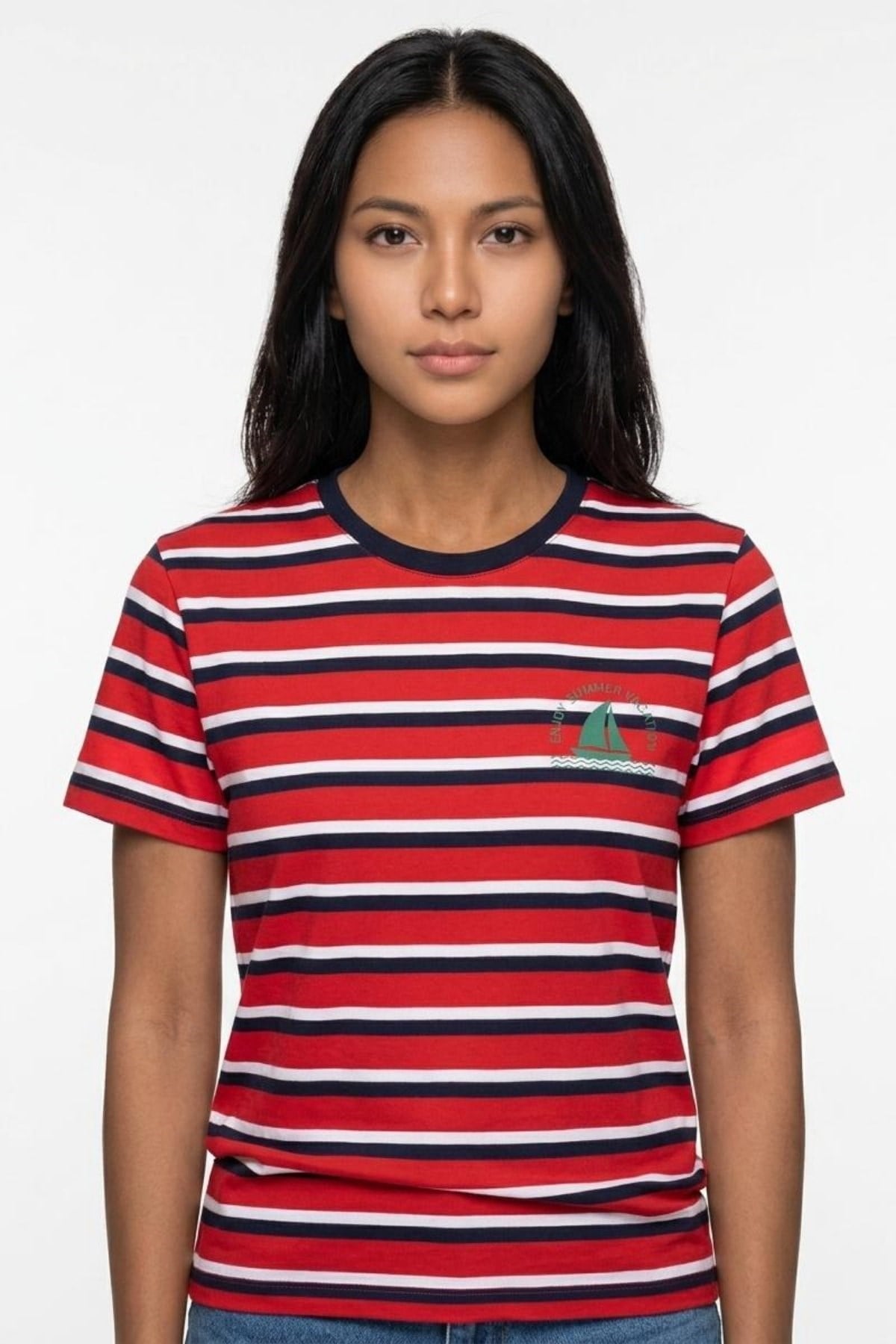 MALORY Kadın Çizgili Bisiklet Yaka T-Shirt Kırmızı