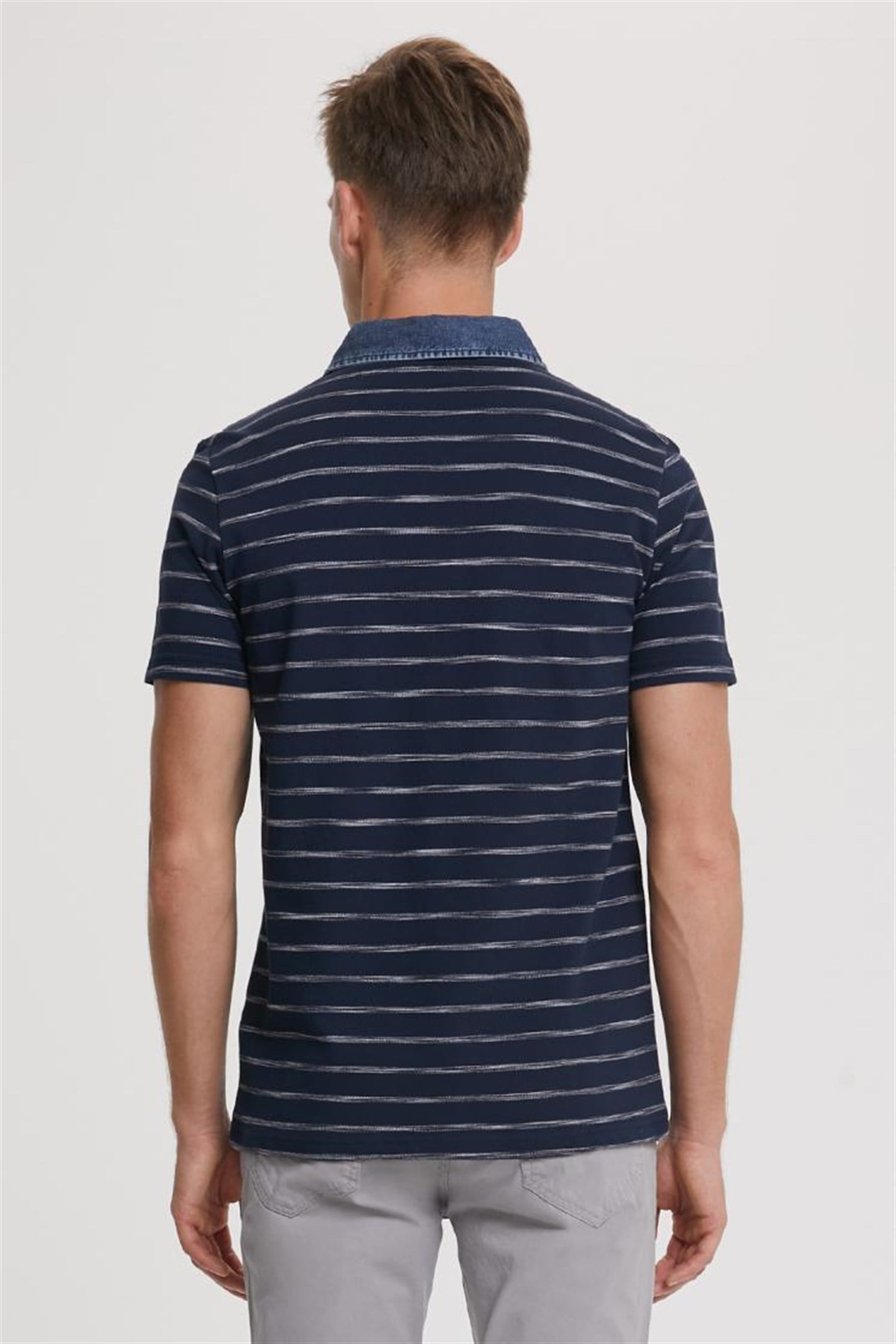 Matty Erkek Denim Yaka Çizgili T-Shirt Lacivert
