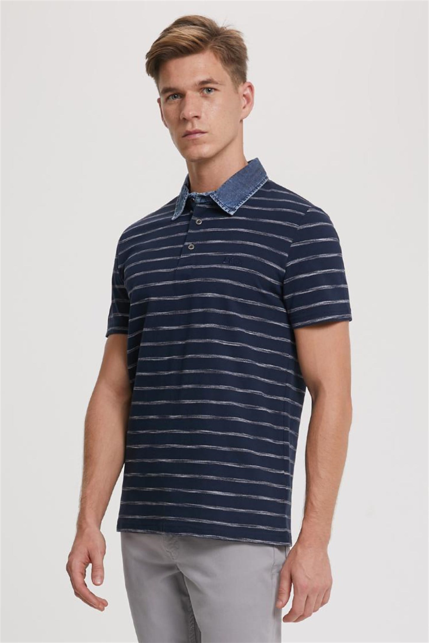 Matty Erkek Denim Yaka Çizgili T-Shirt Lacivert