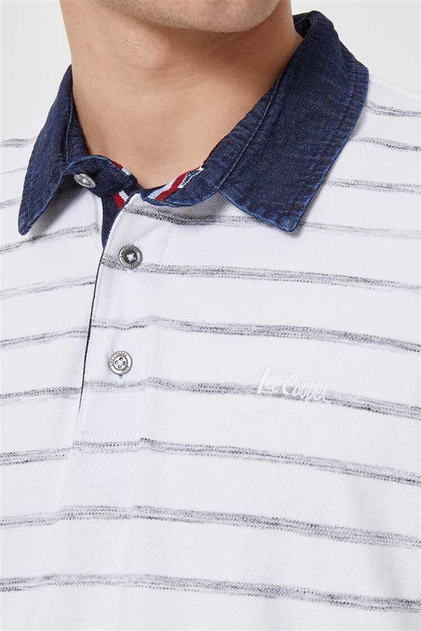 Matty Erkek %100 Pamuk Denim Yaka T-Shirt Beyaz Çizgili