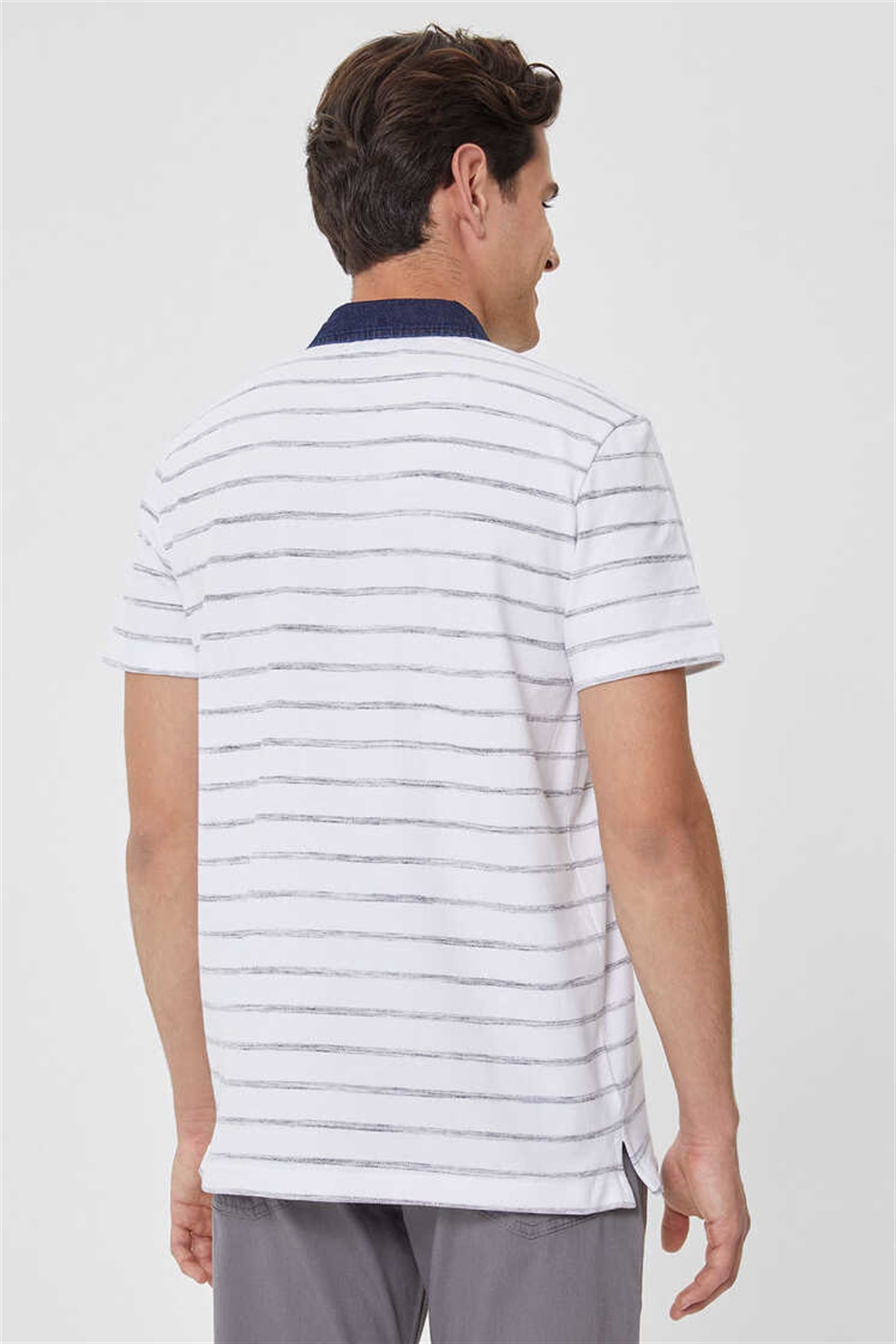 Matty Erkek %100 Pamuk Denim Yaka T-Shirt Beyaz Çizgili