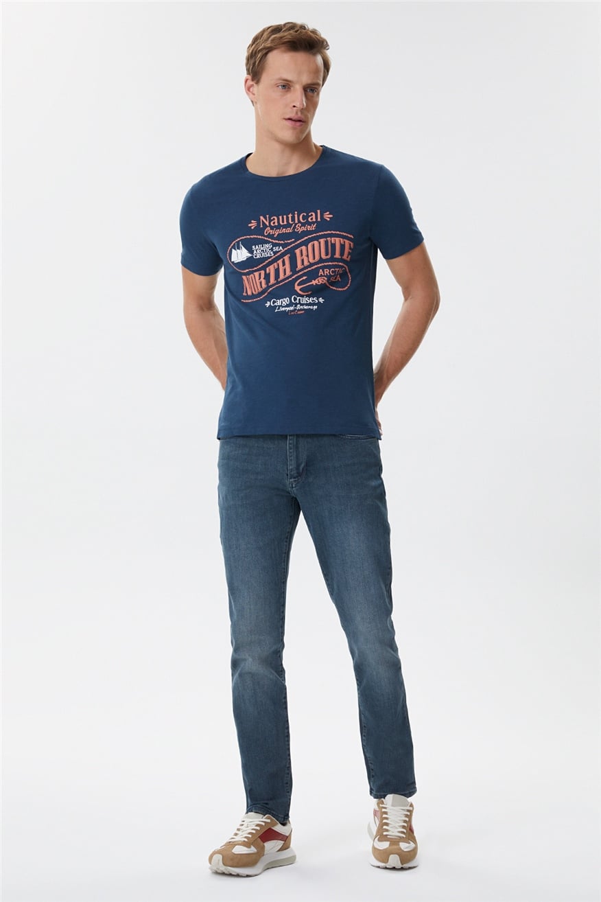 Merlin Erkek %100 Pamuk Bisiklet Yaka T-Shirt Açık Lacivert