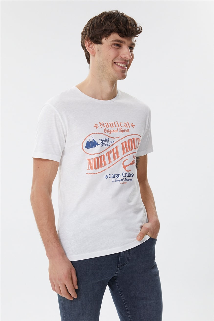 Merlin Erkek %100 Pamuk Bisiklet Yaka T-Shirt Off White