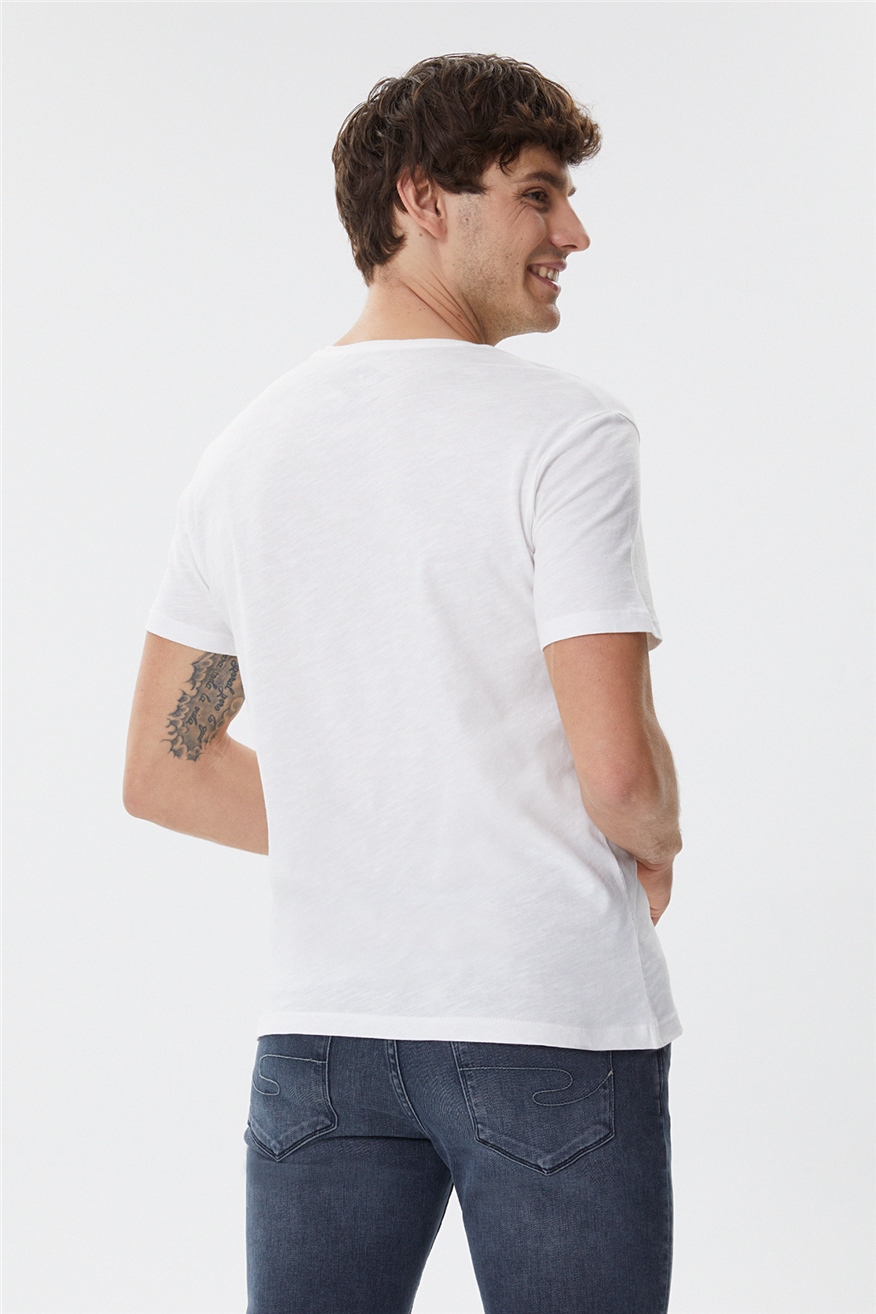 Merlin Erkek %100 Pamuk Bisiklet Yaka T-Shirt Off White