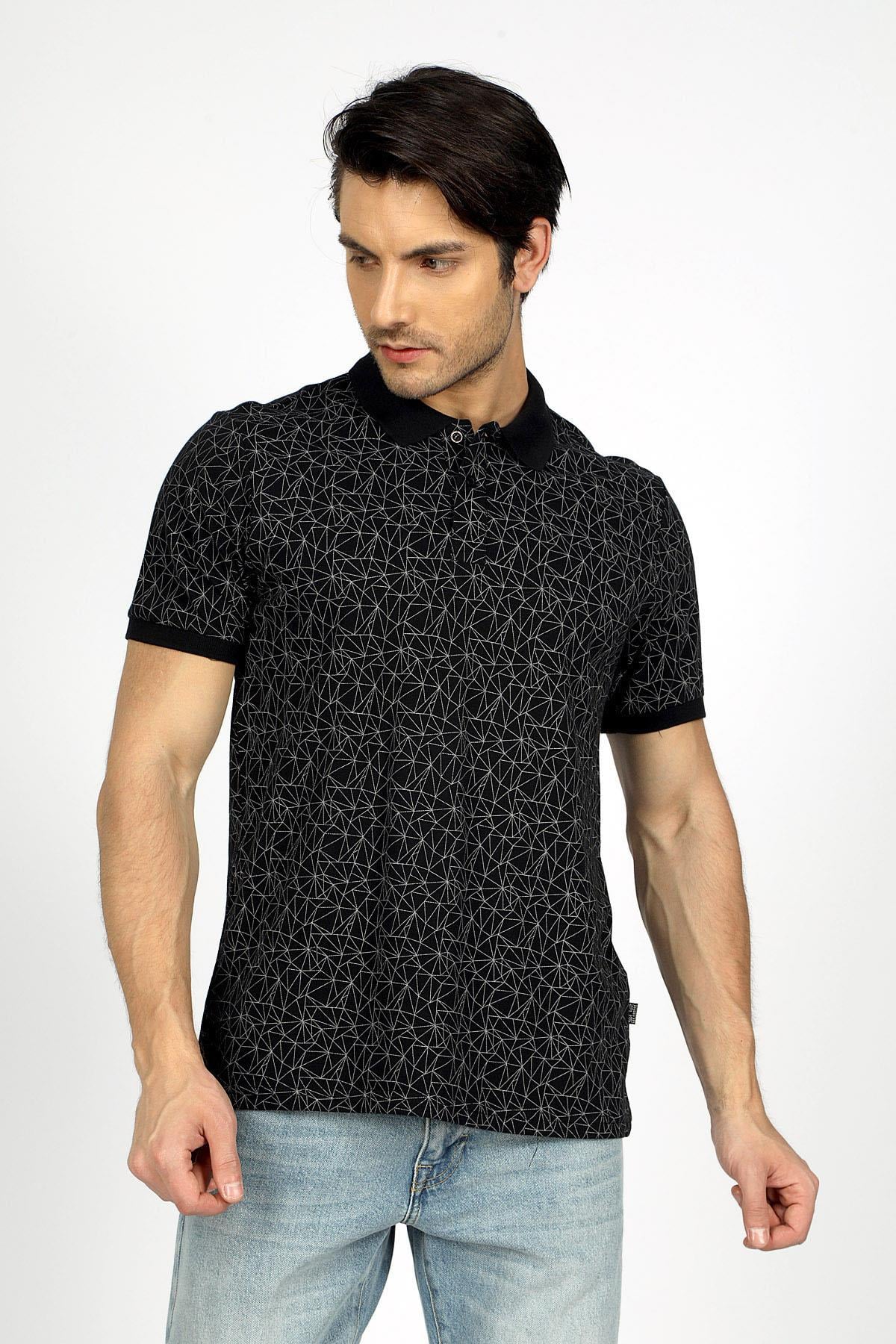 Multi Erkek Baskılı Pike Polo Yaka T-Shırt Siyah
