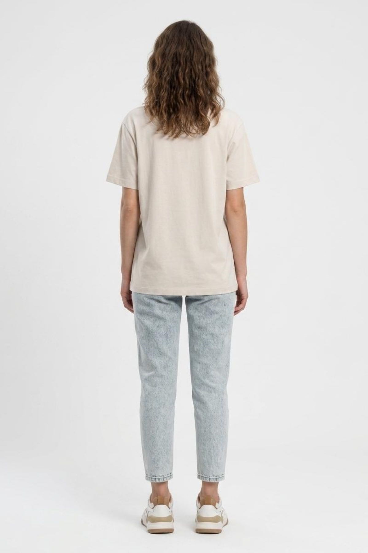 NEW Kadın Oversize Baskılı Bisiklet Yaka T-Shirt Ekru