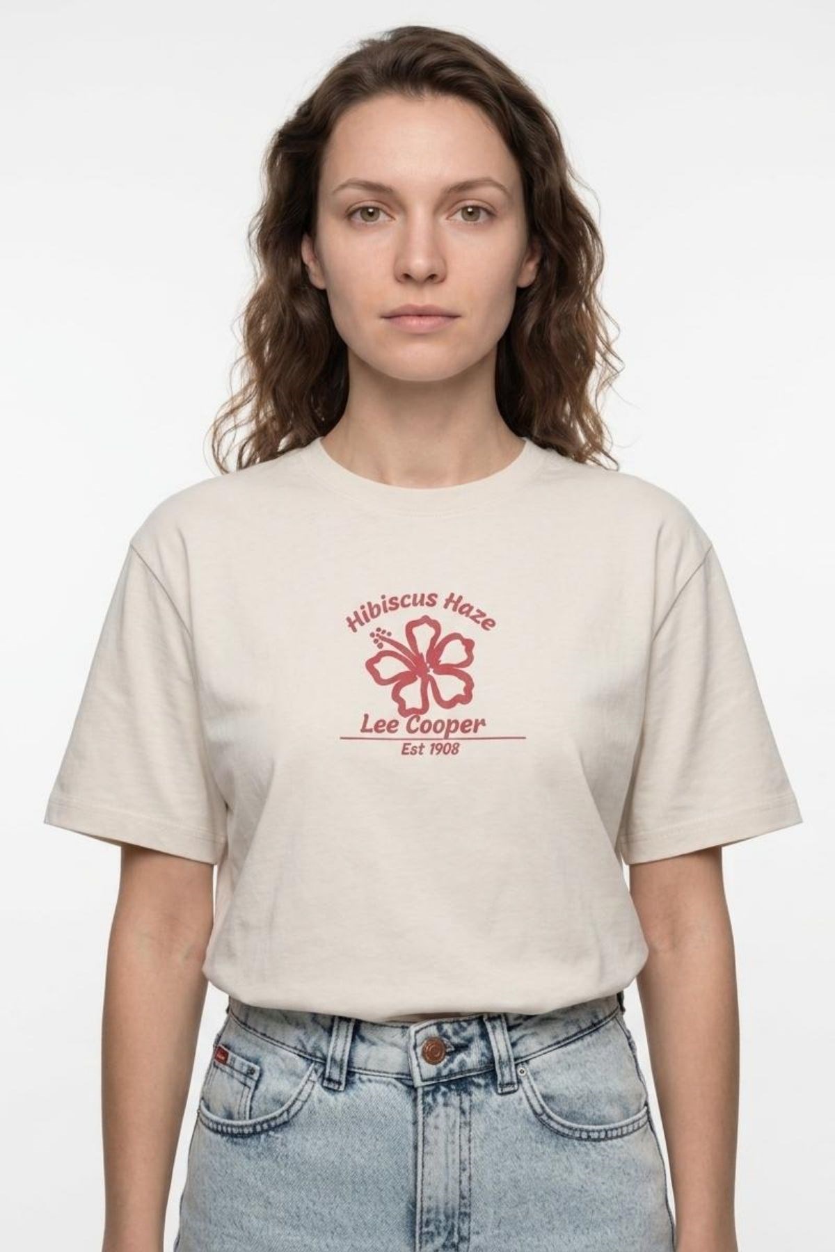 NEW Kadın Oversize Baskılı Bisiklet Yaka T-Shirt Ekru