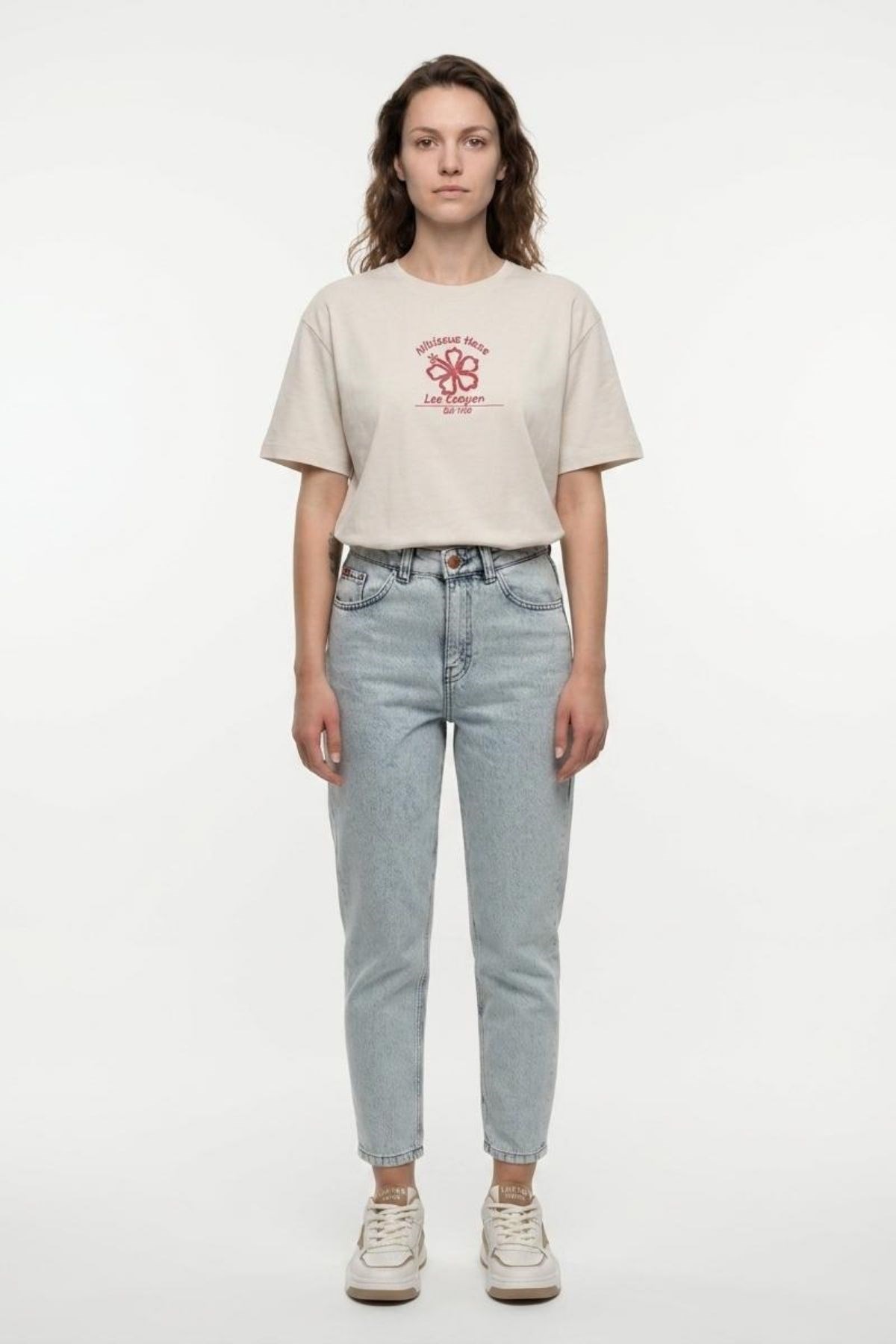 NEW Kadın Oversize Baskılı Bisiklet Yaka T-Shirt Ekru
