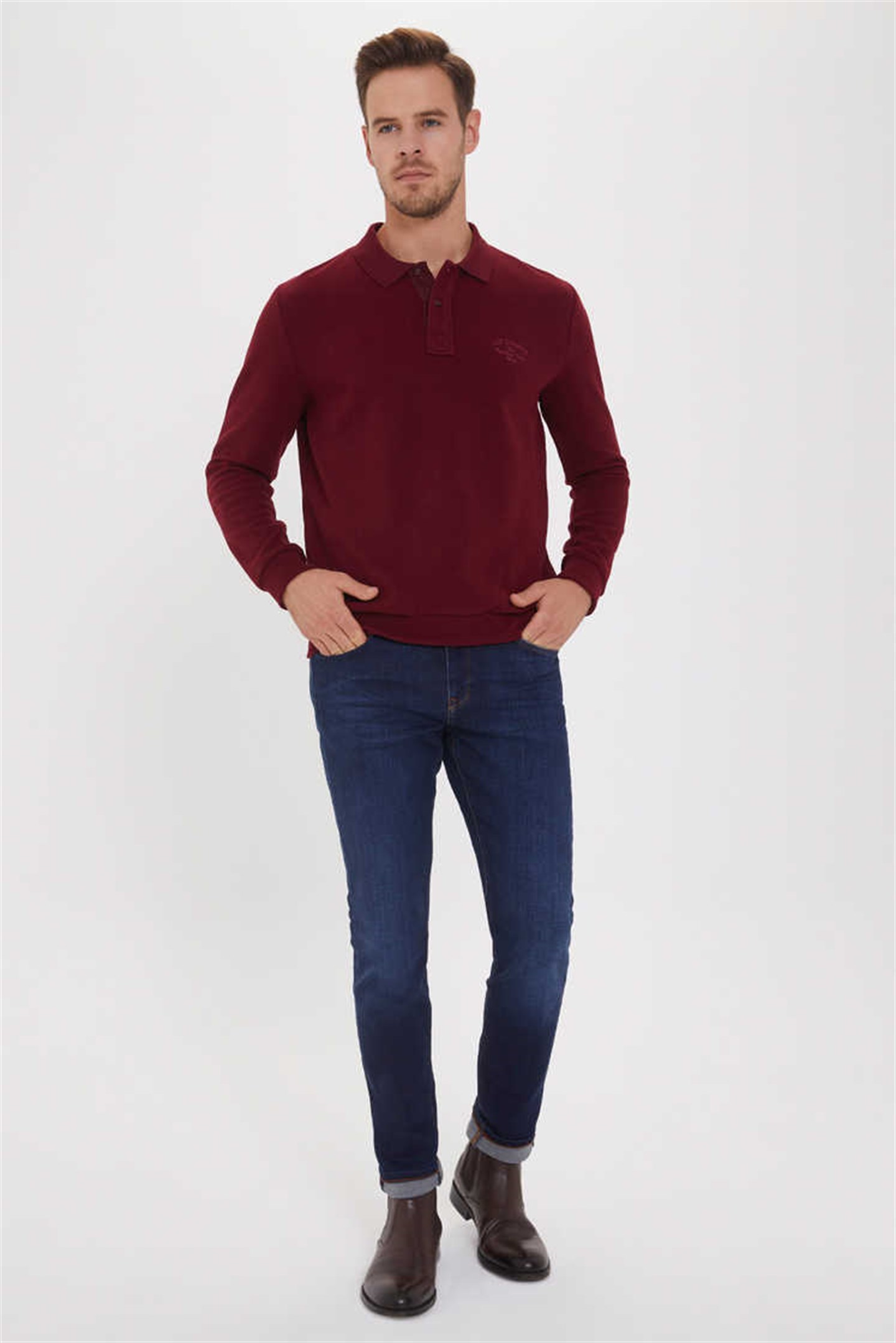 Newblend Erkek Polo Yaka Sweatshirt Bordo