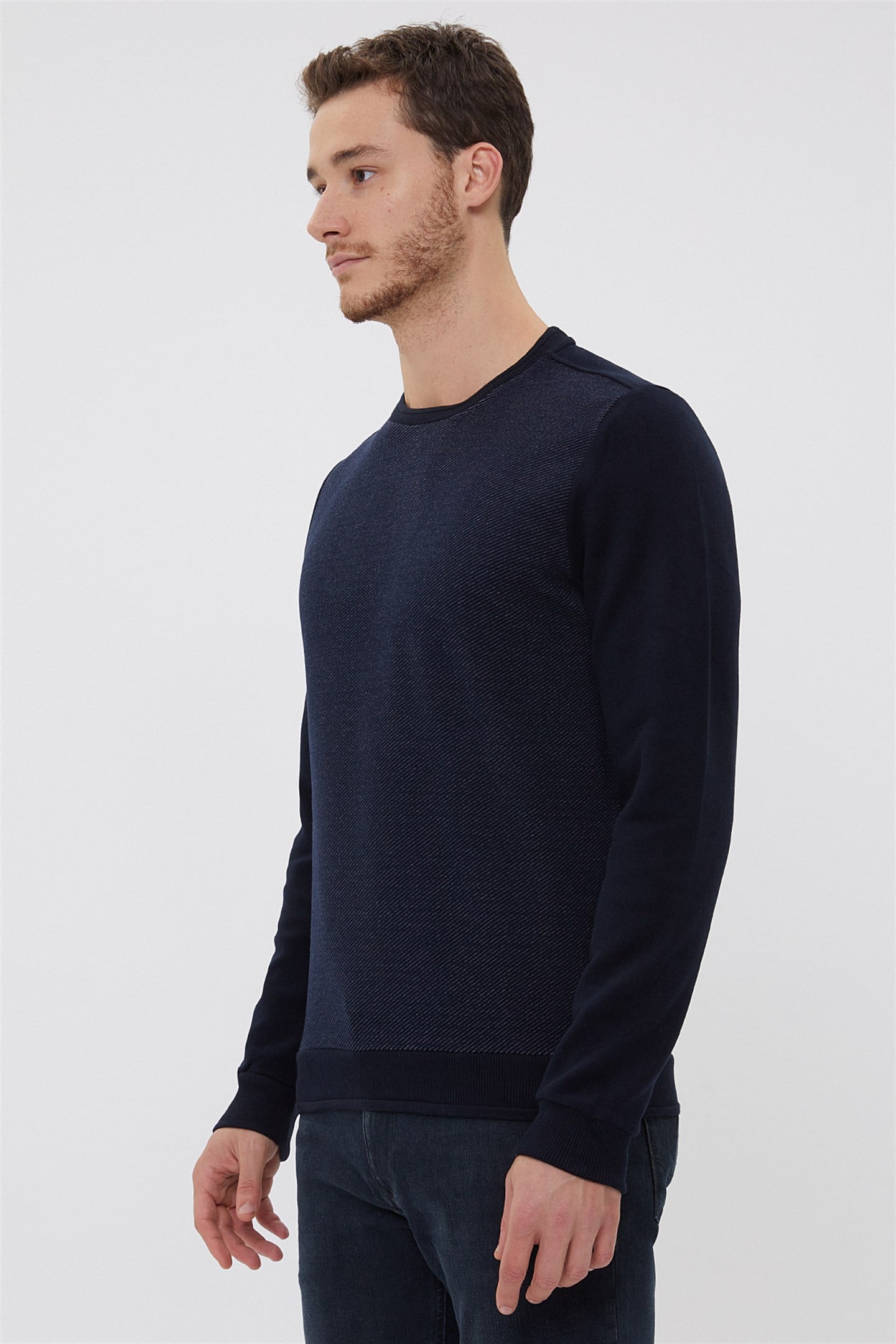 Newdiagonal Erkek Bisiklet Yaka Sweatshirt Lacivert