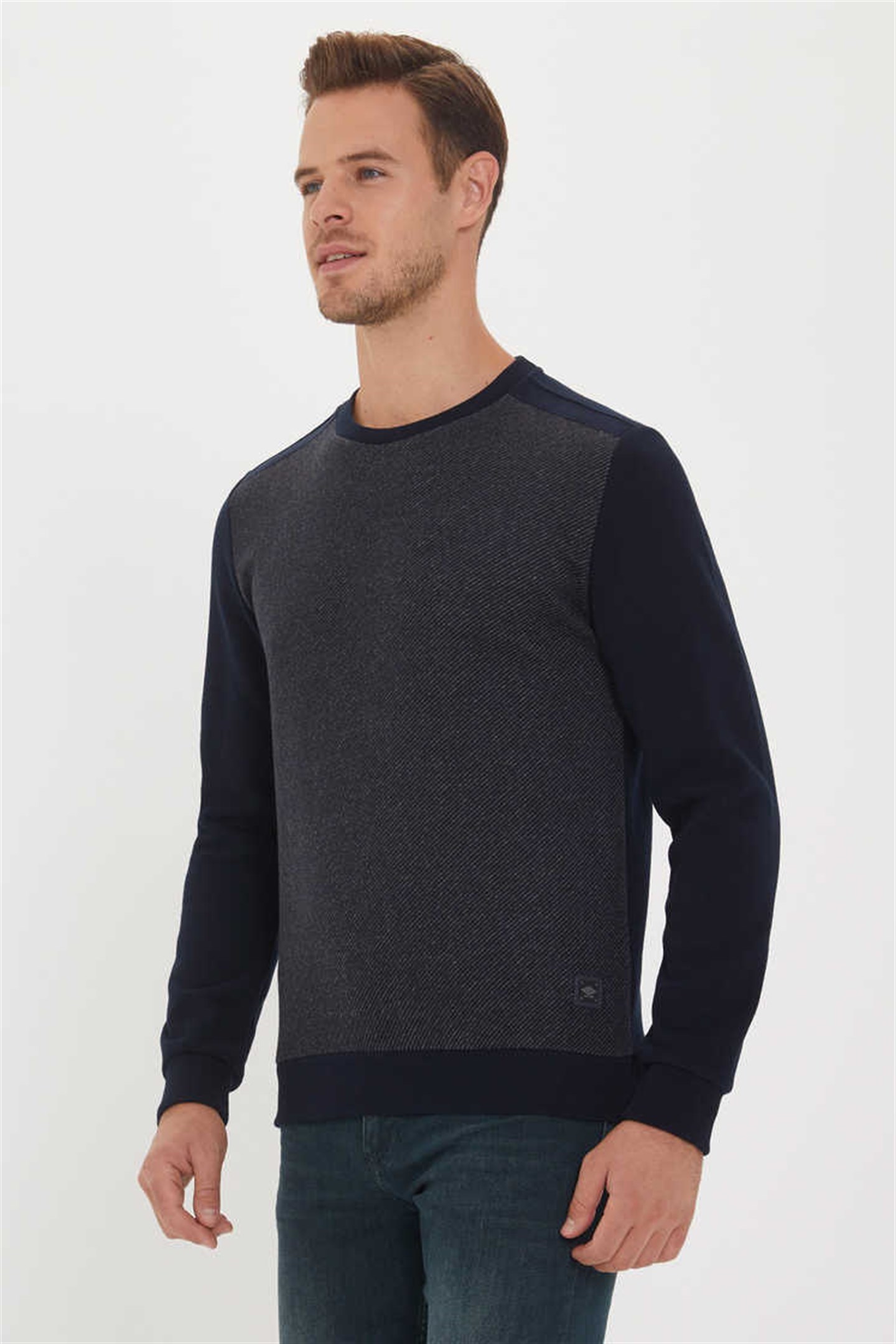 Newdiagonal Erkek Bisiklet Yaka Sweatshirt Lacivert