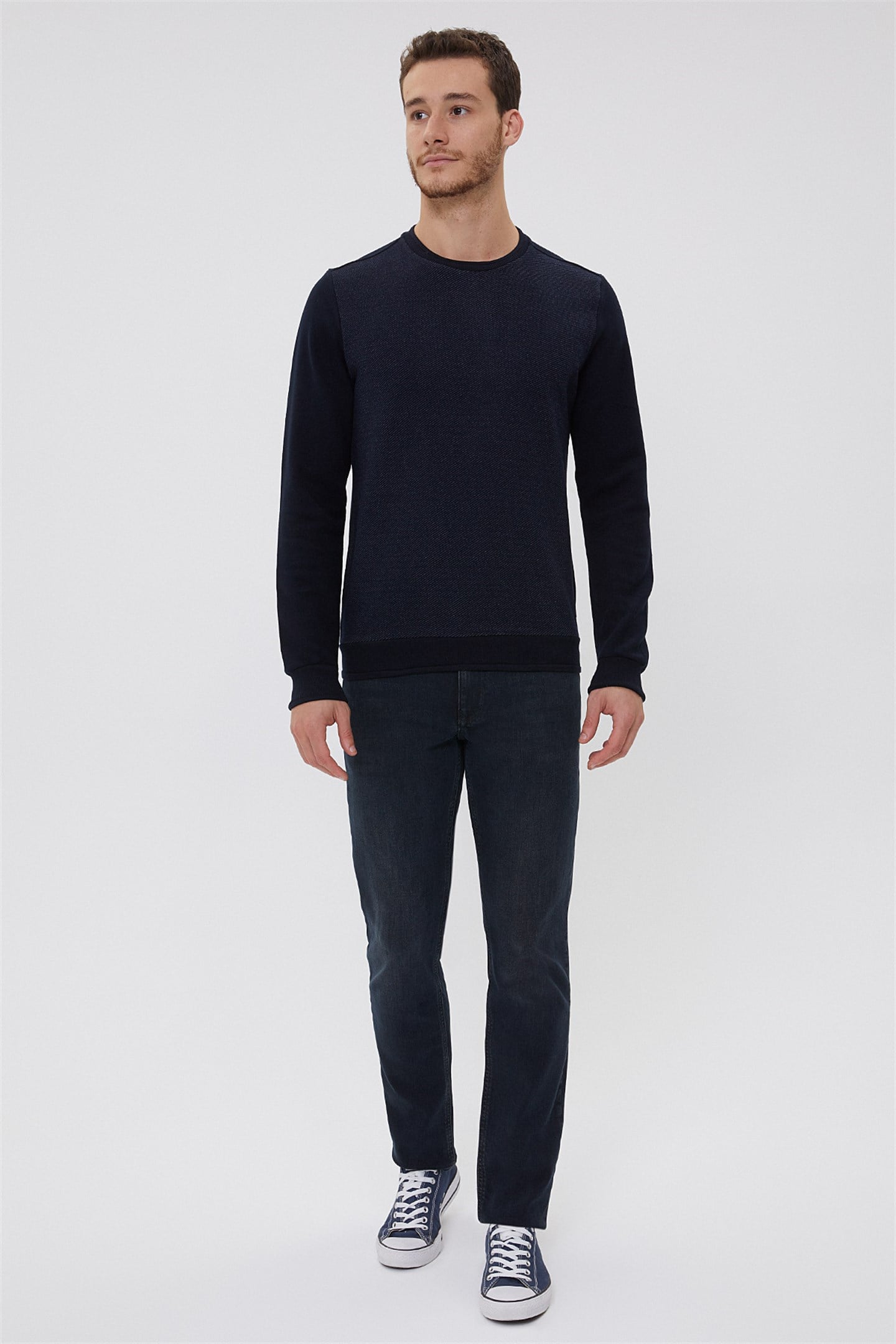Newdiagonal Erkek Bisiklet Yaka Sweatshirt Lacivert