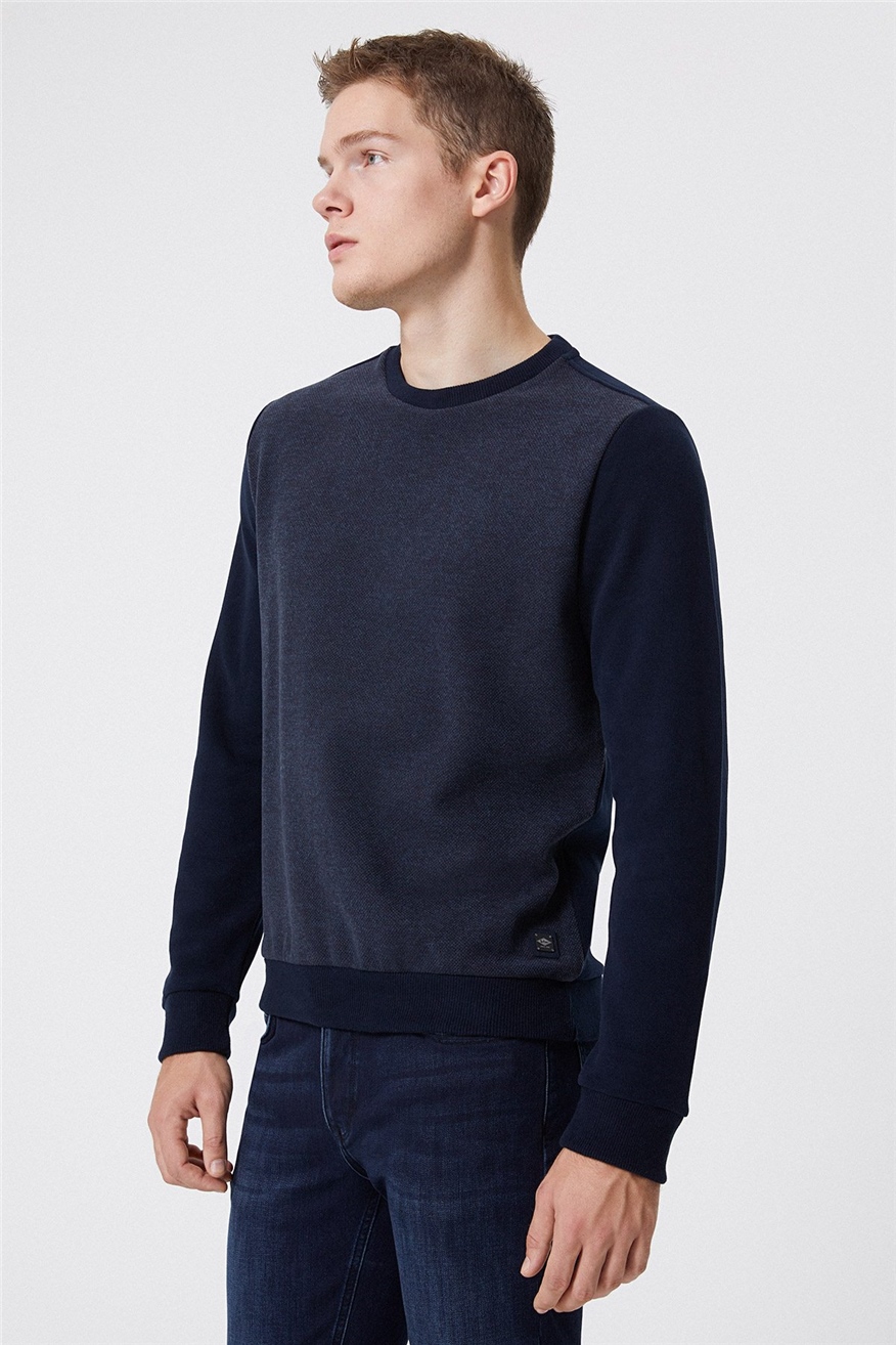 Newdiagonal Erkek Bisiklet Yaka Sweatshirt Lacivert