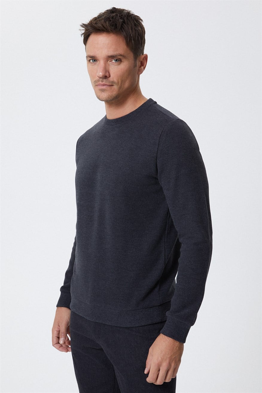 Newdwade Erkek O Yaka Sweatshirt Antrasit-Melanj