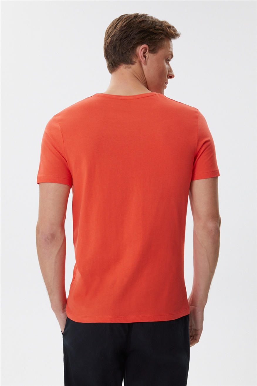 Patrice Erkek %100 Pamuk Bisiklet Yaka T-Shirt Mercan