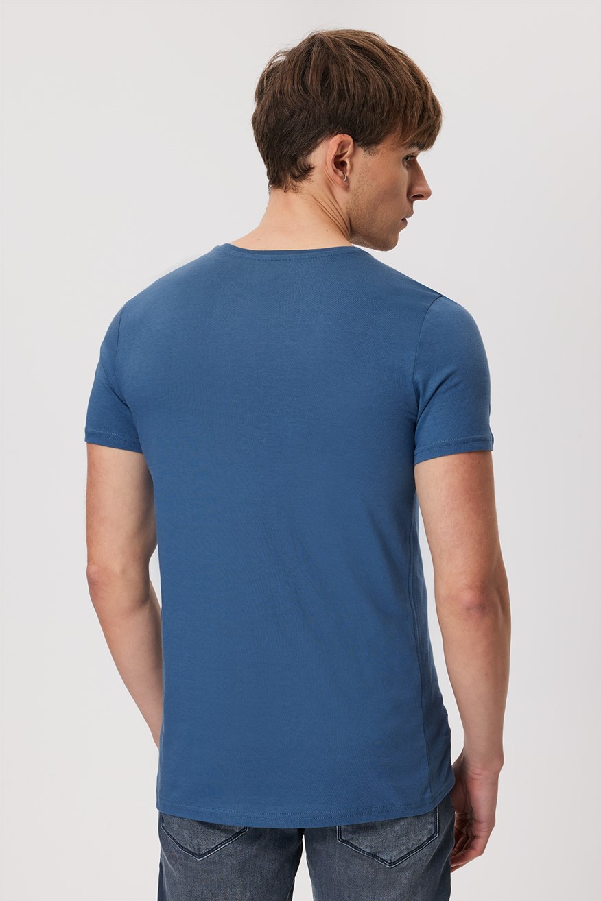 Pers Erkek %100 Pamuk O Yaka T-Shirt İndigo