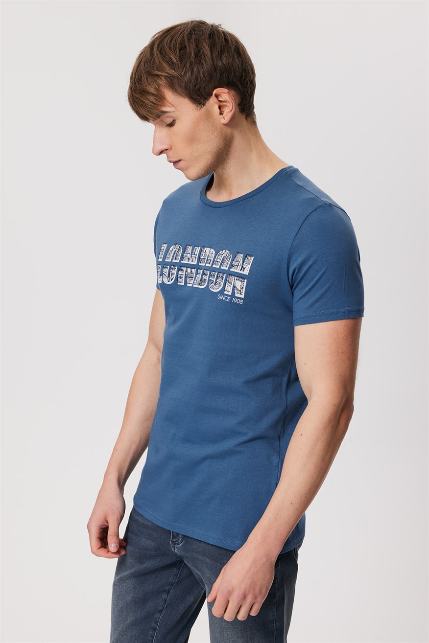 Pers Erkek %100 Pamuk O Yaka T-Shirt İndigo