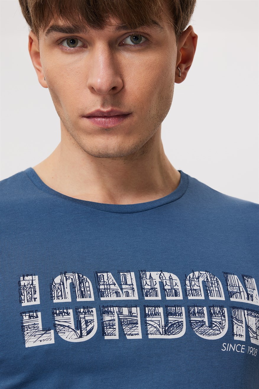 Pers Erkek %100 Pamuk O Yaka T-Shirt İndigo