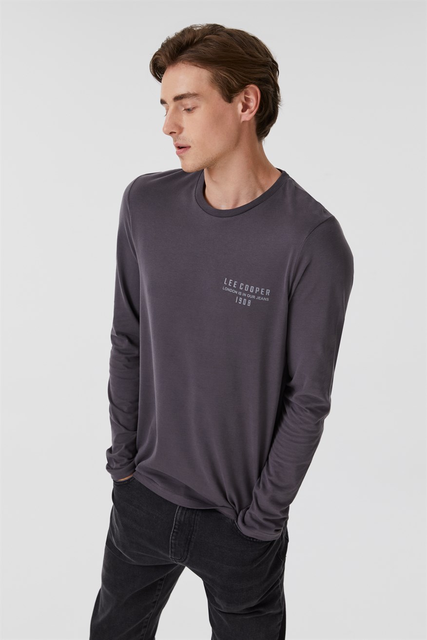 Renzo Erkek %100 Pamuk O Yaka Uzun Kol T-Shirt Antrasit