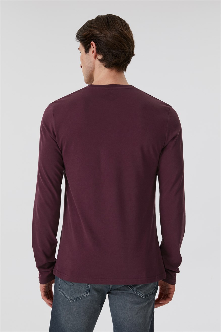 Renzo Erkek %100 Pamuk O Yaka Uzun Kol T-Shirt Bordo