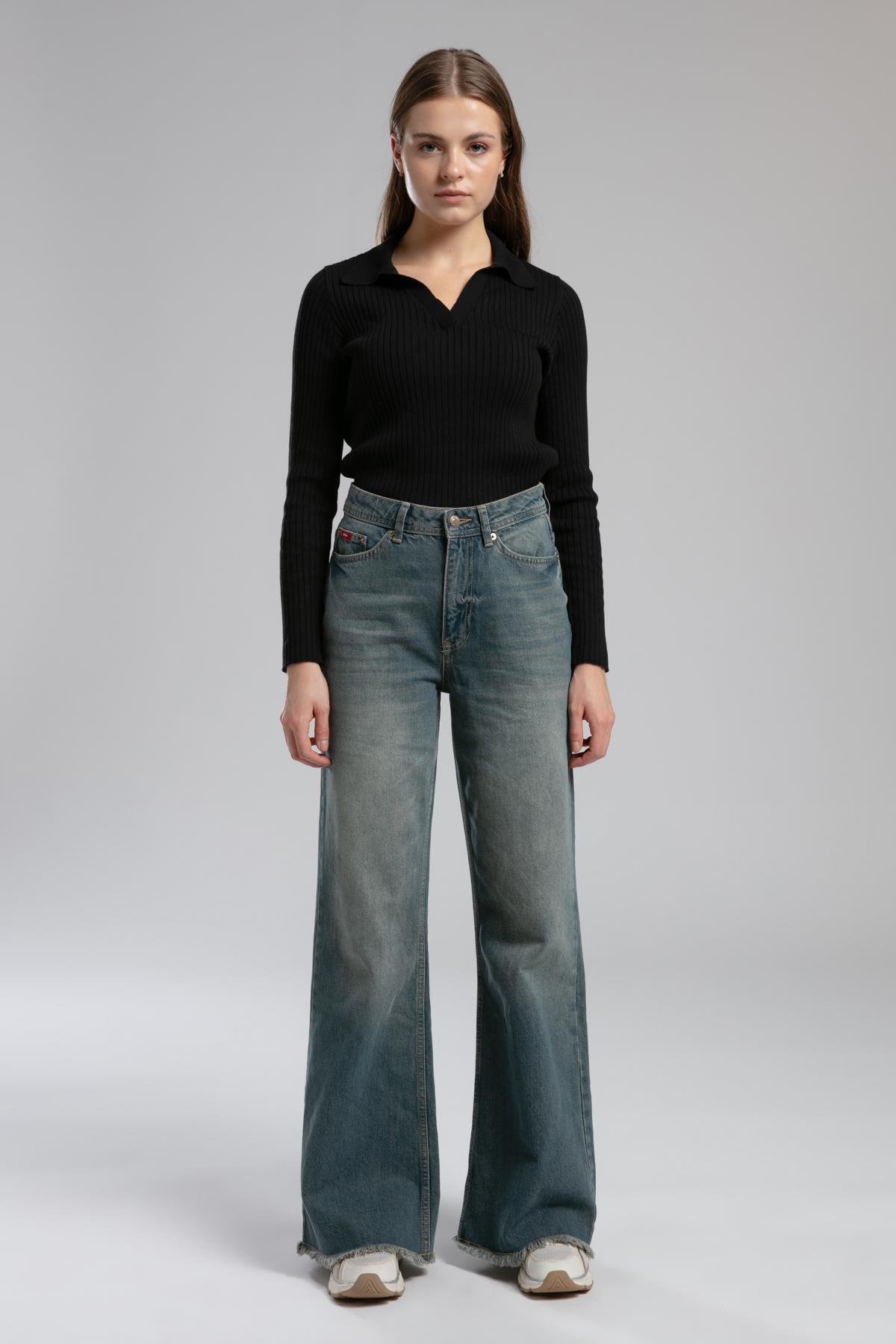 Sandy Yüksek Bel Geniş Paça Kesim Geniş Paça Mavi Kadın Jean Pantolon