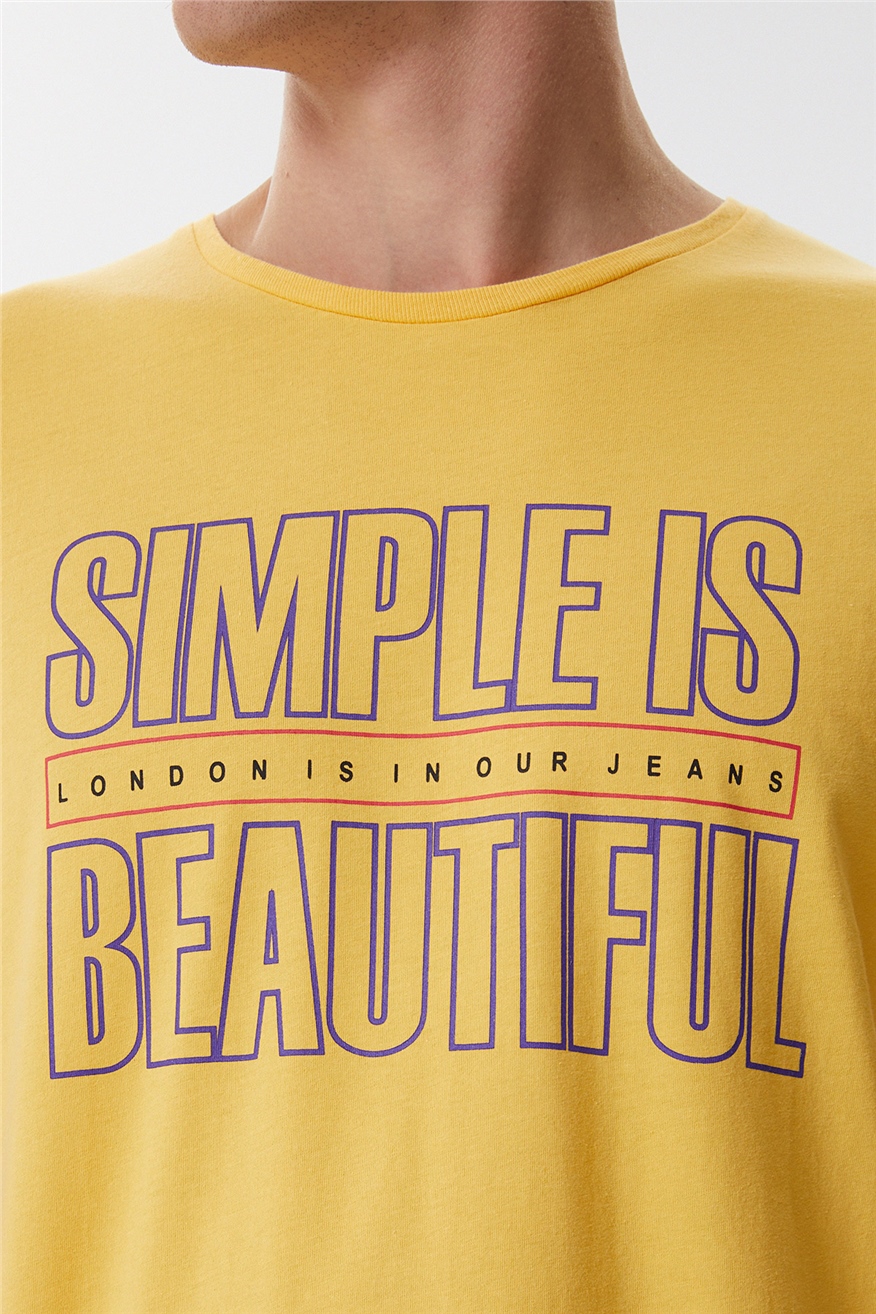 Simple Erkek %100 Pamuk Bisiklet Yaka T-Shirt Limon Sarı