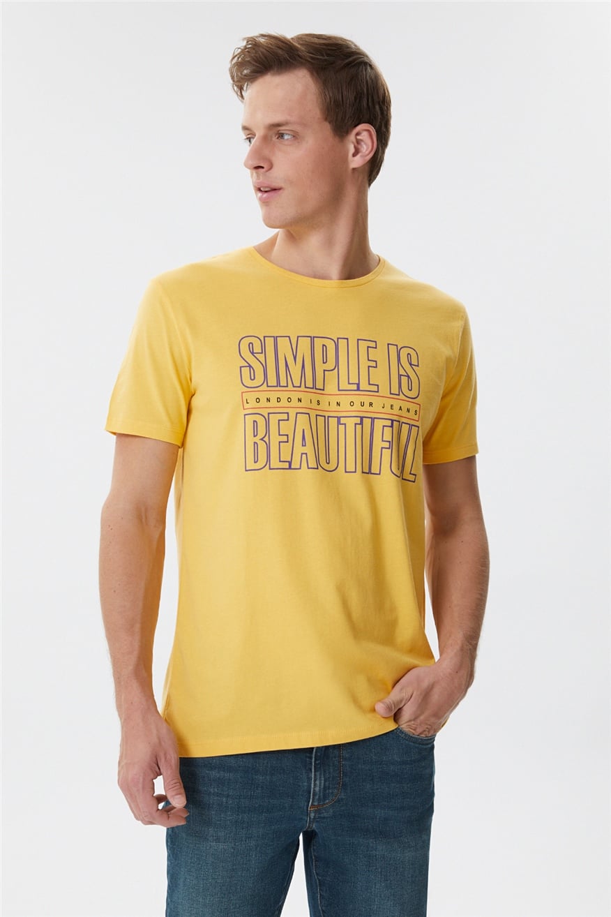 Simple Erkek %100 Pamuk Bisiklet Yaka T-Shirt Limon Sarı