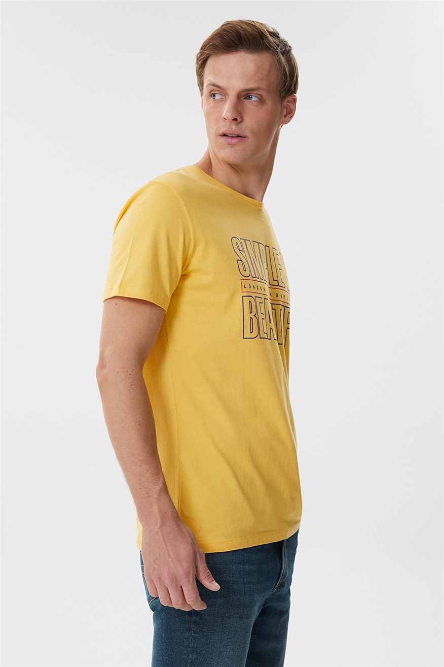 Simple Erkek %100 Pamuk Bisiklet Yaka T-Shirt Limon Sarı