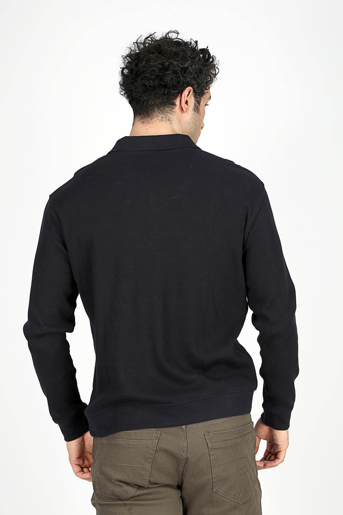 Sirius Erkek %100 Pamuk Polo Yaka Sweatshirt Lacivert