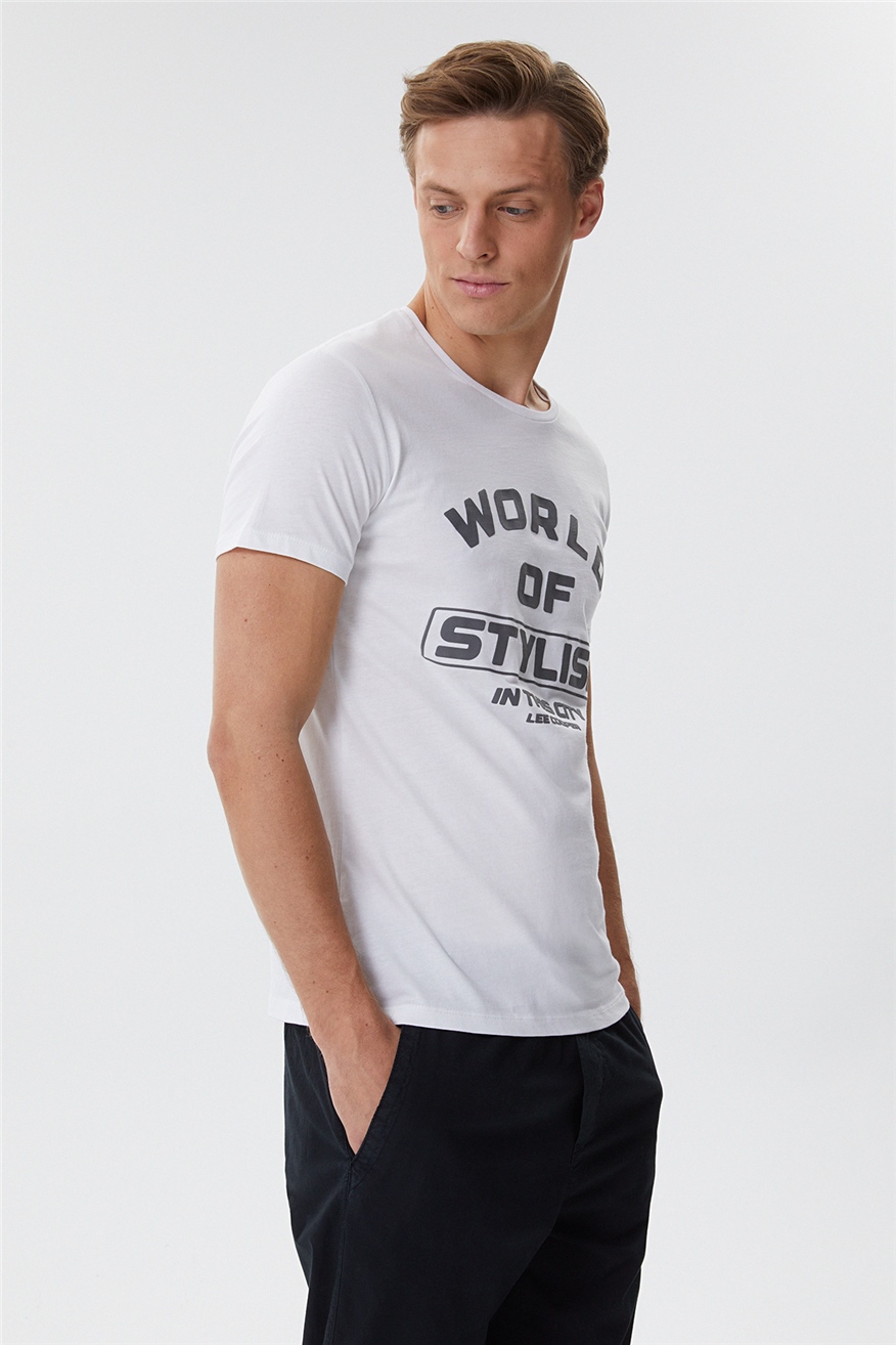Stylish Erkek Bisiklet Yaka T-Shirt Beyaz