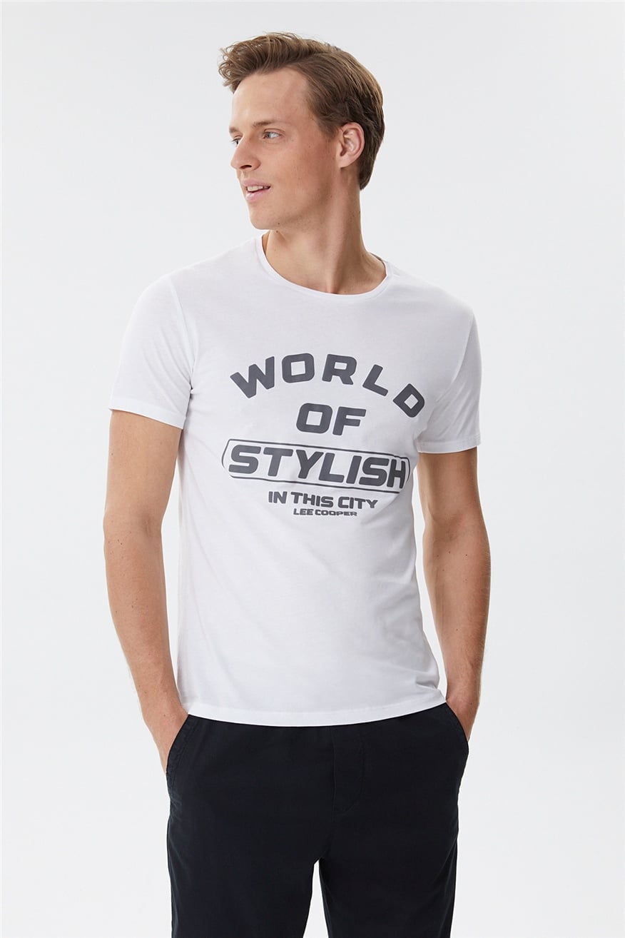 Stylish Erkek O Yaka T-Shirt Beyaz