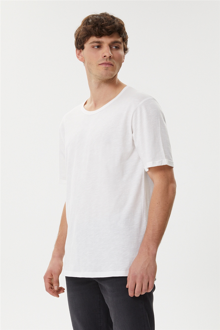 Thomas Erkek %100 Pamuk Oversize Bisiklet Yaka T-Shirt Off White