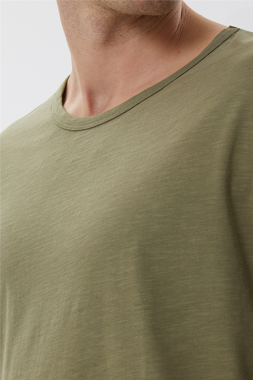 Thomas Erkek %100 Pamuk Oversize Bisiklet Yaka T-Shirt Haki