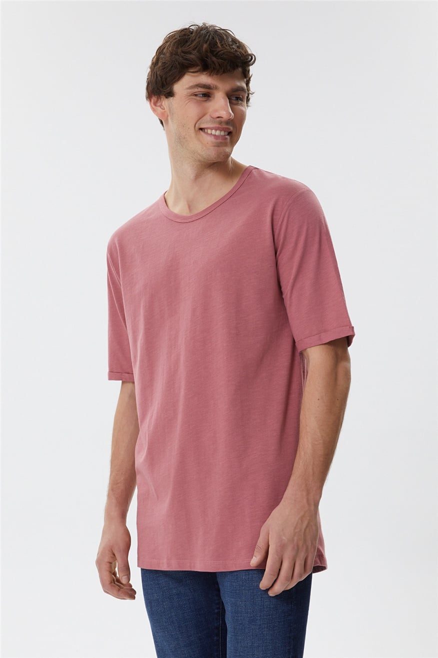 Thomas Erkek %100 Pamuk Oversize Bisiklet Yaka T-Shirt Gül Kurusu