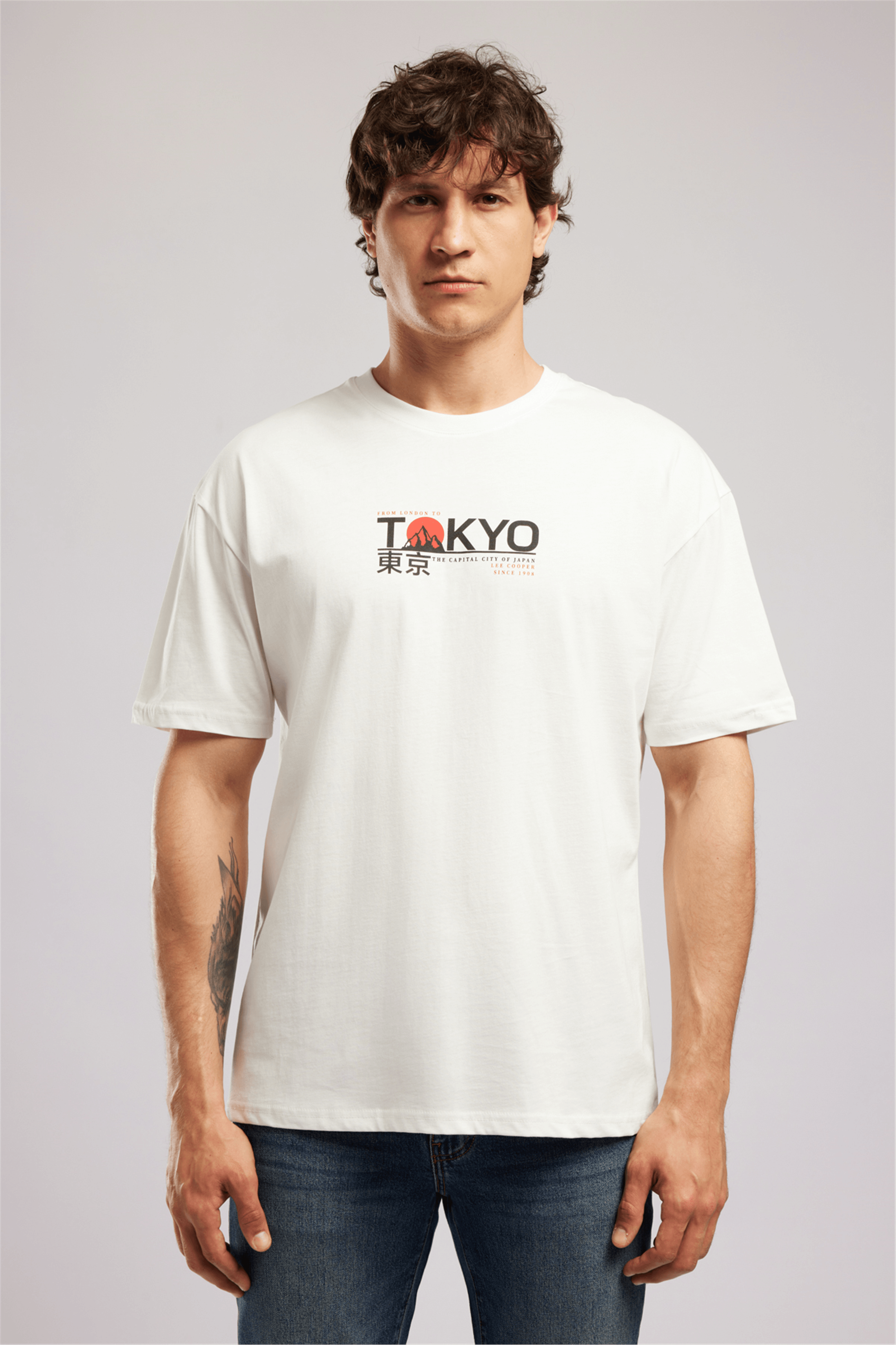 TOBIAS Erkek Loose %100 Pamuk Baskılı Bisiklet Yaka T-Shirt Beyaz