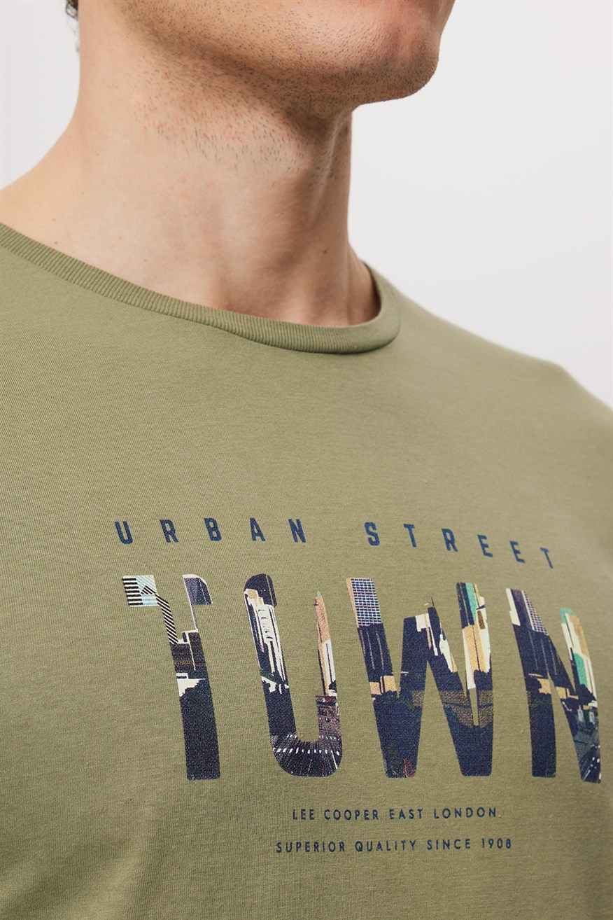 Town Erkek %100 Pamuk O Yaka T-Shirt Açık Haki