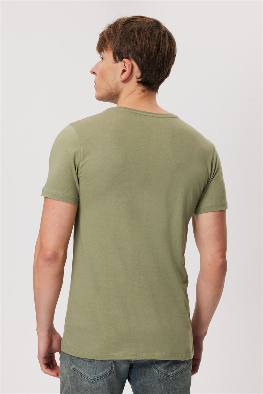 Town Erkek %100 Pamuk O Yaka T-Shirt Açık Haki